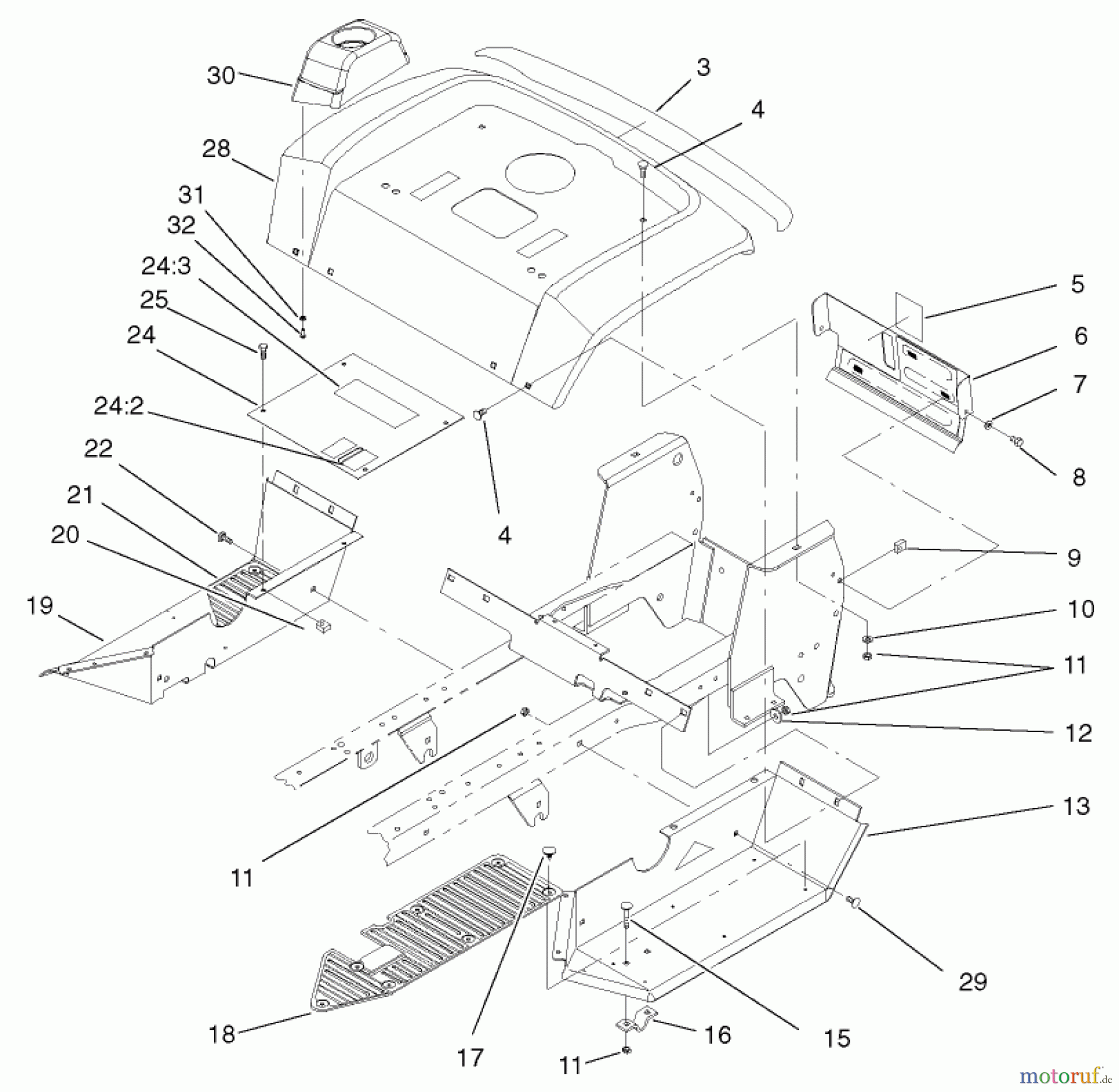 Toro Neu Mowers, Lawn & Garden Tractor Seite 1 72072 (266-HE) - Toro 266-HE Lawn and Garden Tractor, 2002 (220000001-220999999) FENDER AND FOOTRESTS ASSEMBLY
