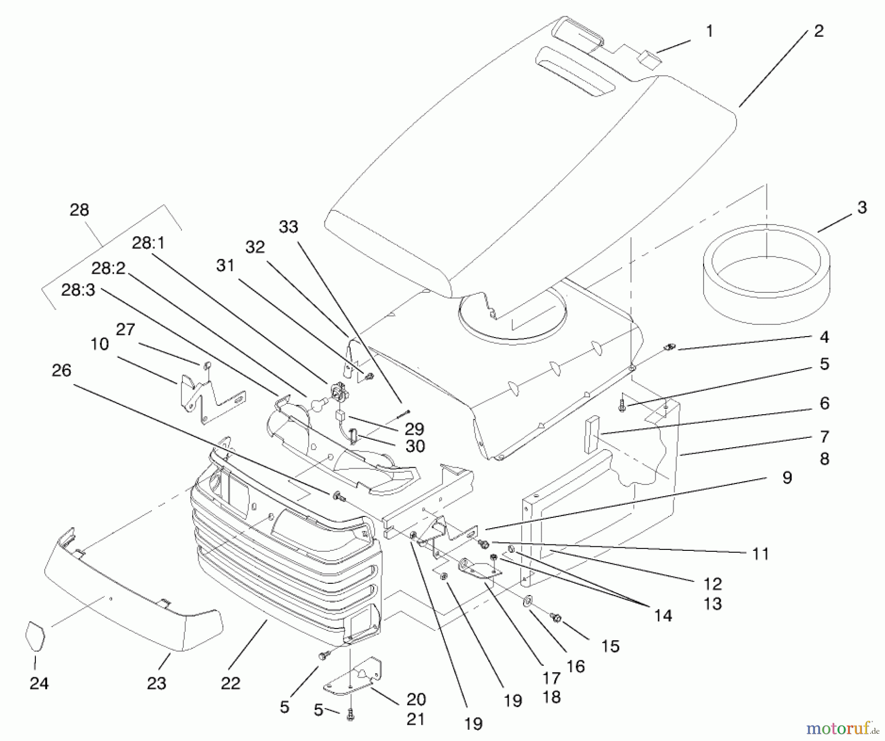 Toro Neu Mowers, Lawn & Garden Tractor Seite 1 72072 (266-HE) - Toro 266-HE Lawn and Garden Tractor, 2002 (220000001-220999999) HOOD AND GRILL ASSEMBLY