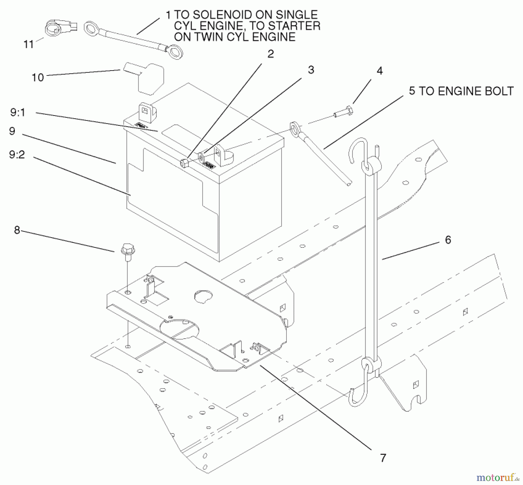 Toro Neu Mowers, Lawn & Garden Tractor Seite 1 72107 (268-HE) - Toro 268-HE Lawn and Garden Tractor, 2001 (210000001-210999999) BATTERY ASSEMBLY