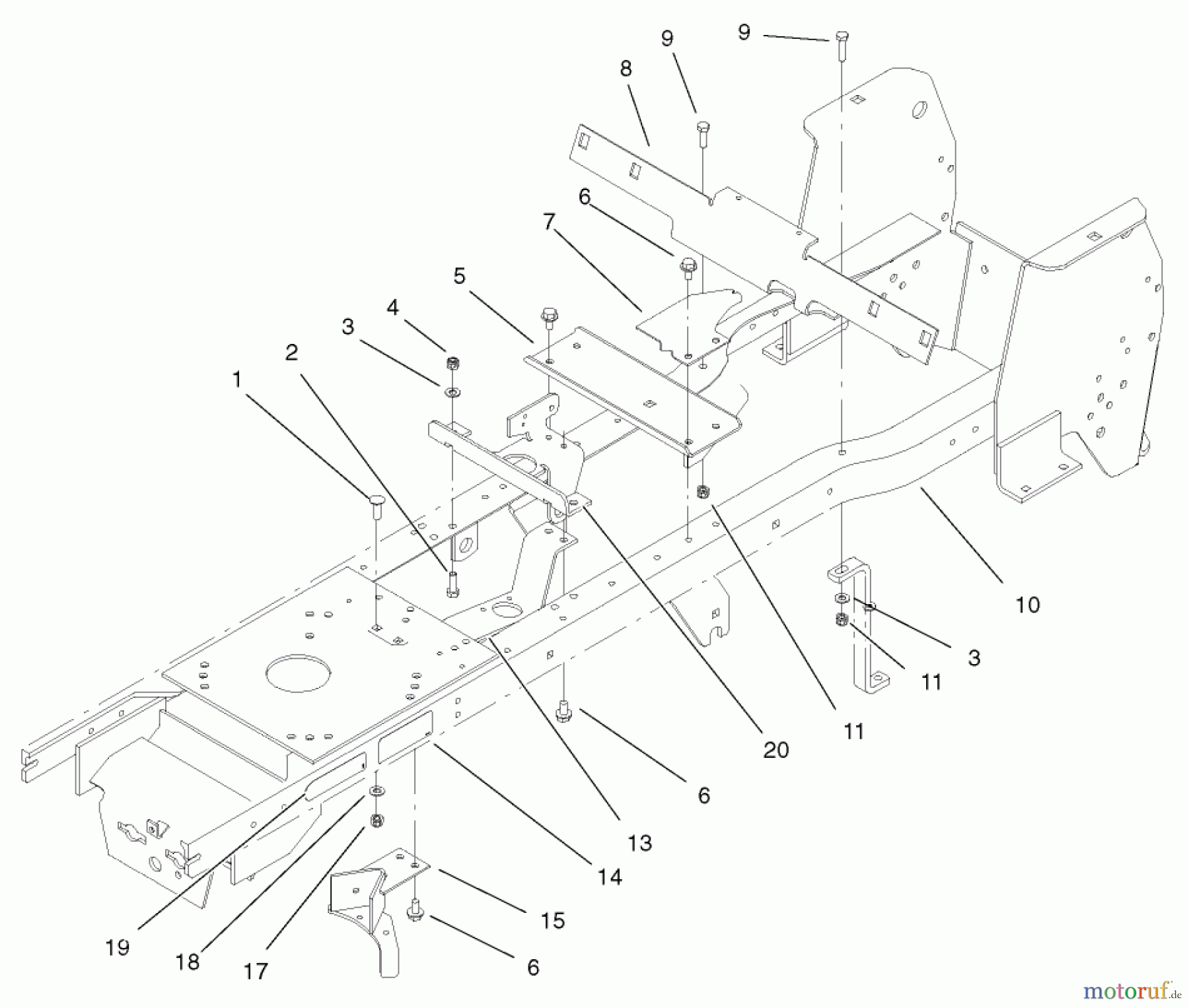 Toro Neu Mowers, Lawn & Garden Tractor Seite 1 72107 (268-HE) - Toro 268-HE Lawn and Garden Tractor, 2001 (210000001-210999999) FRAME ASSEMBLY