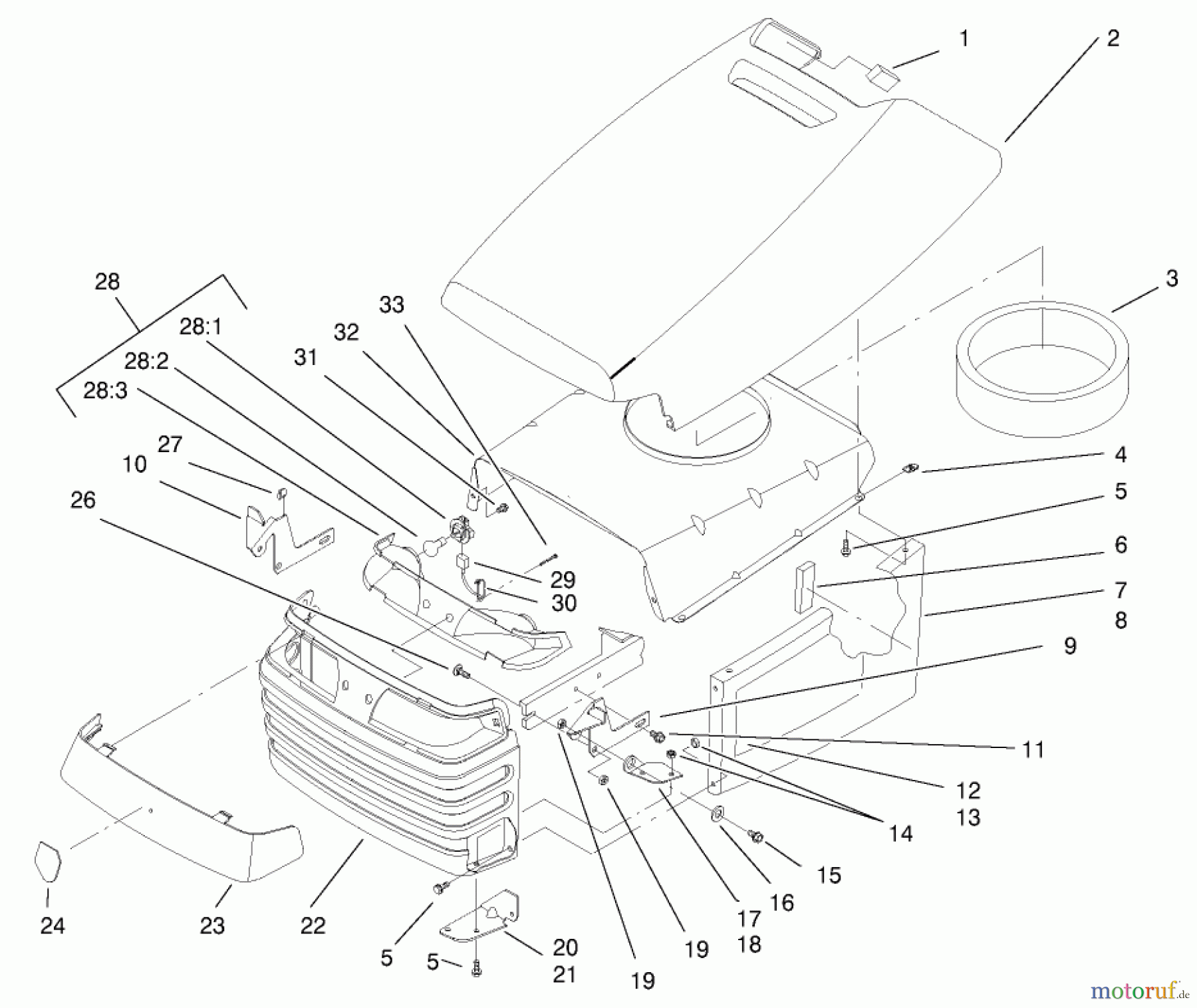 Toro Neu Mowers, Lawn & Garden Tractor Seite 1 72107 (268-HE) - Toro 268-HE Lawn and Garden Tractor, 2001 (210000001-210999999) HOOD AND GRILL ASSEMBLY
