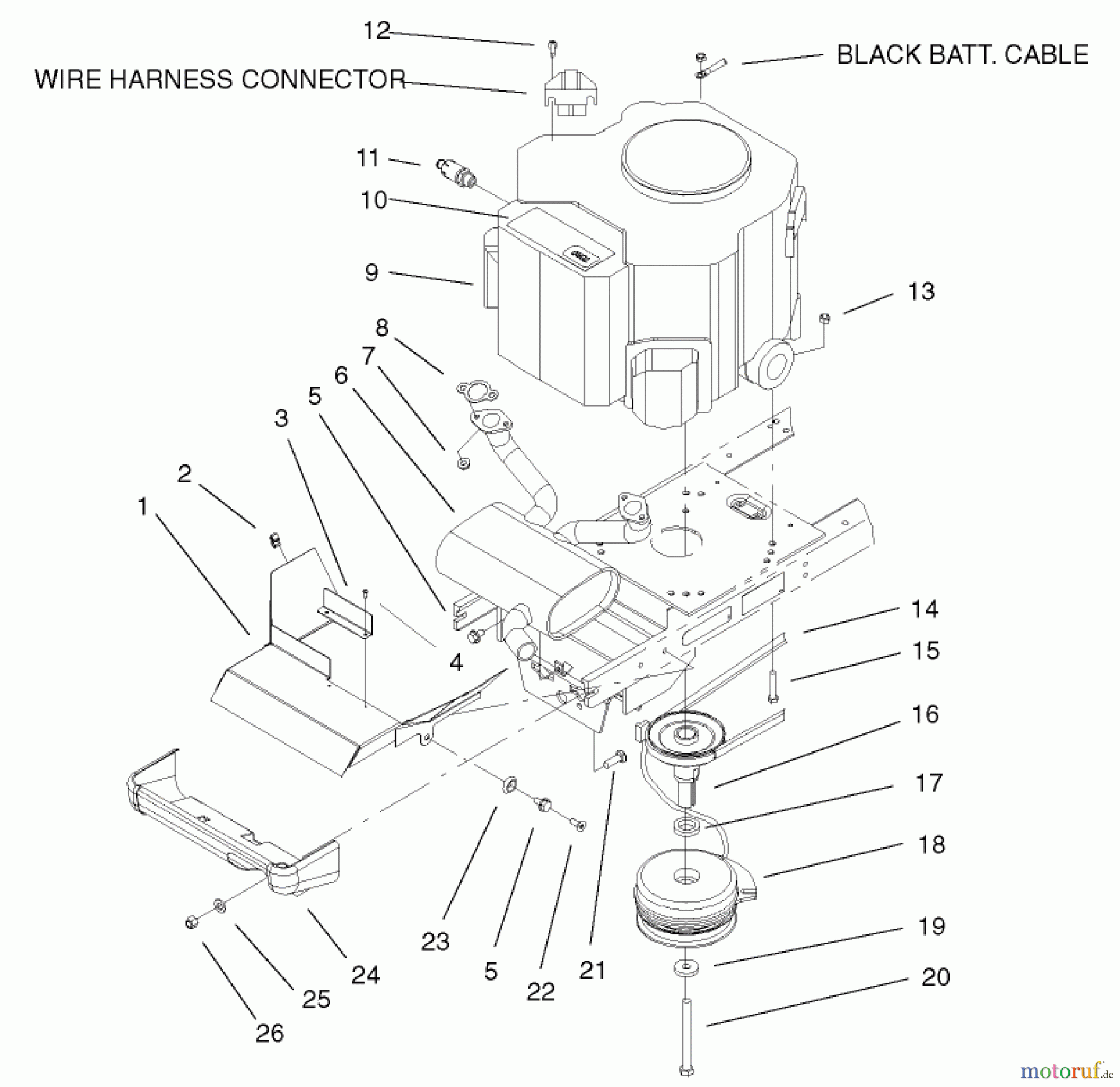 Toro Neu Mowers, Lawn & Garden Tractor Seite 1 72107 (268-HE) - Toro 268-HE Lawn and Garden Tractor, 2001 (210000001-210999999) TWIN CYLINDER ENGINE, MUFFLER AND PTO ASSEMBLY