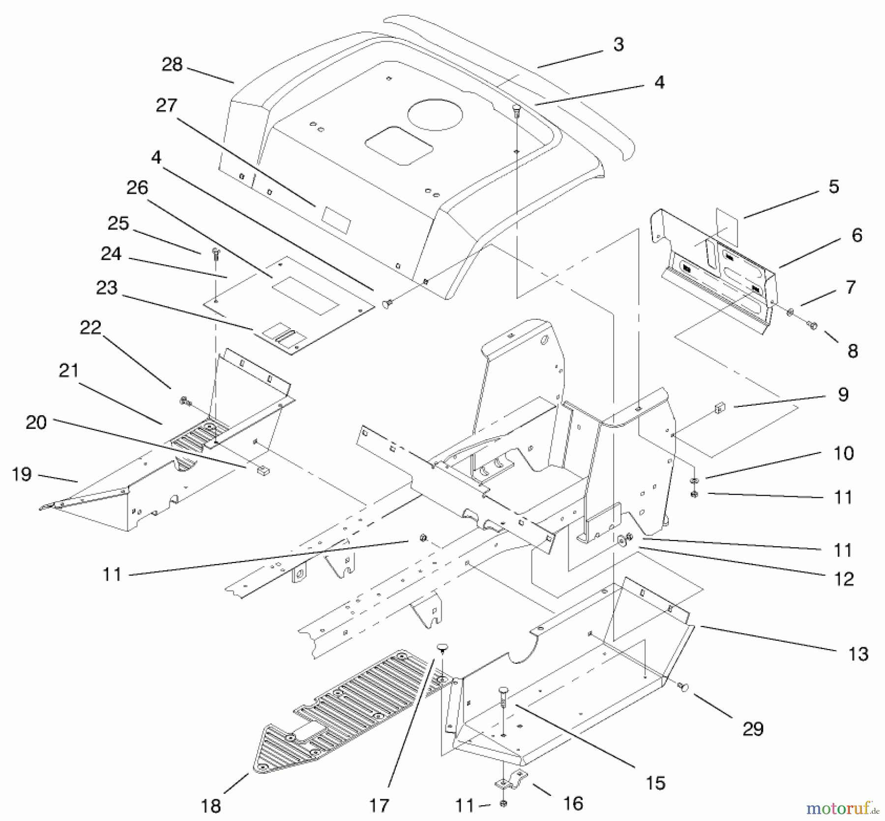 Toro Neu Mowers, Lawn & Garden Tractor Seite 1 72115 (270-H) - Toro 270-H Lawn and Garden Tractor, 1999 (9900001-9999999) FENDER & FOOTRESTS ASSEMBLY
