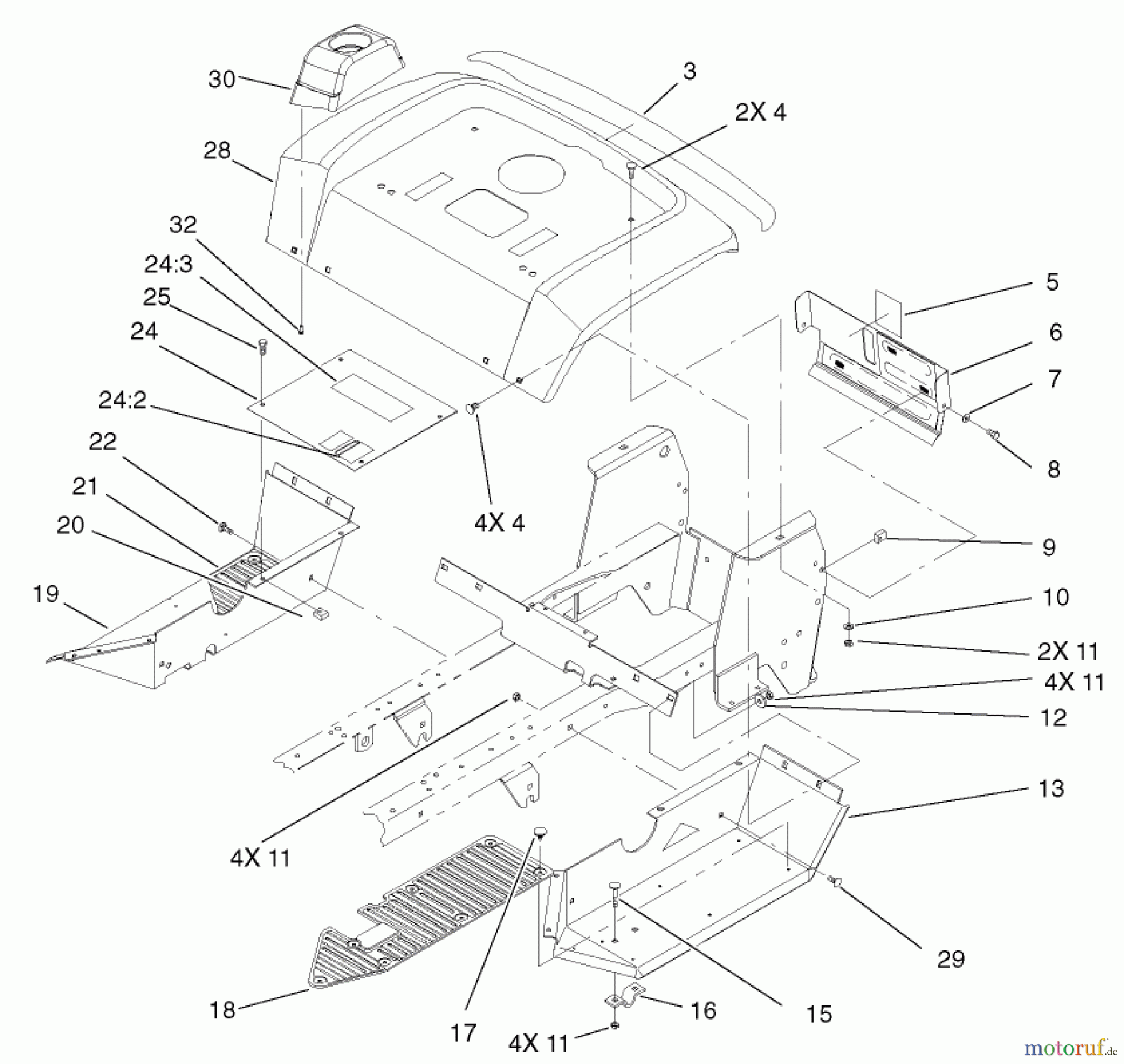 Toro Neu Mowers, Lawn & Garden Tractor Seite 1 72107 (268-HE) - Toro 268-HE Lawn and Garden Tractor, 2003 (230000001-230999999) FENDER AND FOOTREST ASSEMBLY