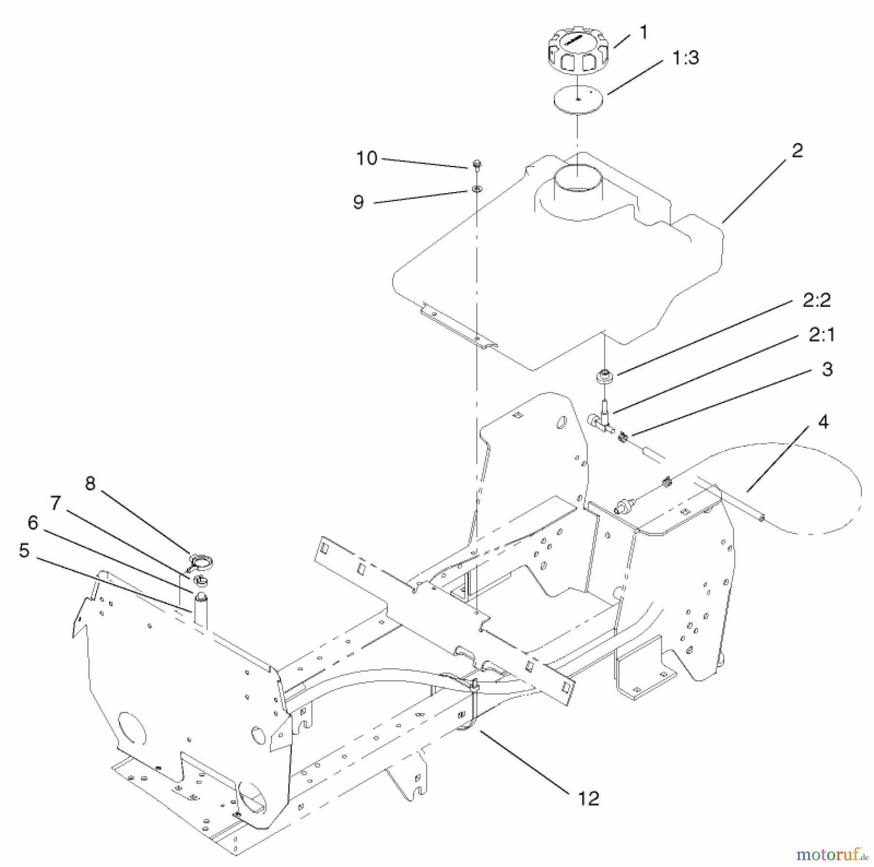 Toro Neu Mowers, Lawn & Garden Tractor Seite 1 72107 (268-HE) - Toro 268-HE Lawn and Garden Tractor, 2003 (230000001-230999999) FUEL TANK ASSEMBLY