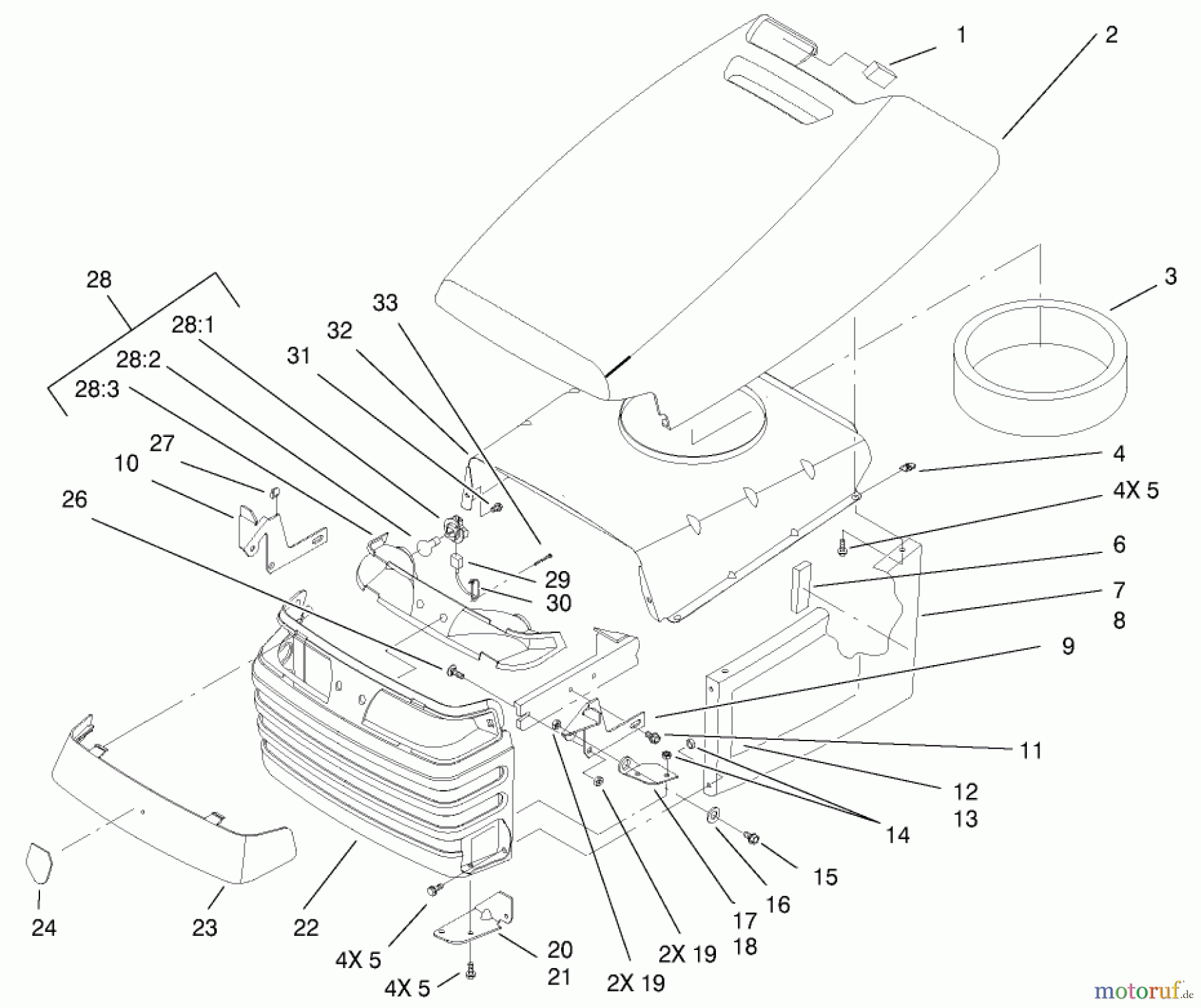 Toro Neu Mowers, Lawn & Garden Tractor Seite 1 72107 (268-HE) - Toro 268-HE Lawn and Garden Tractor, 2003 (230000001-230999999) HOOD AND GRILL ASSEMBLY