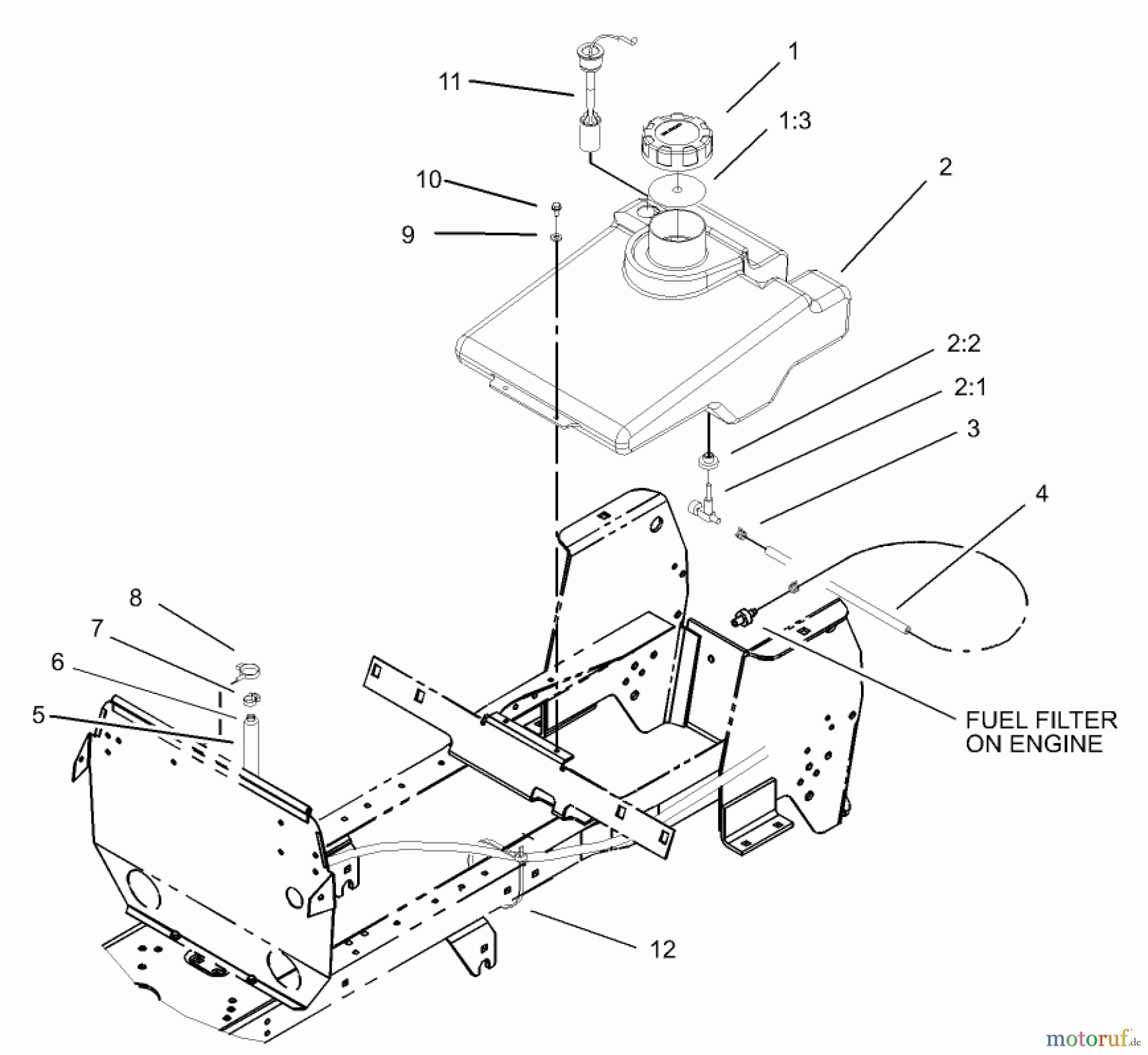Toro Neu Mowers, Lawn & Garden Tractor Seite 1 72116 (270-HE) - Toro 270-HE Lawn and Garden Tractor, 2003 (230000001-230999999) FUEL TANK ASSEMBLY