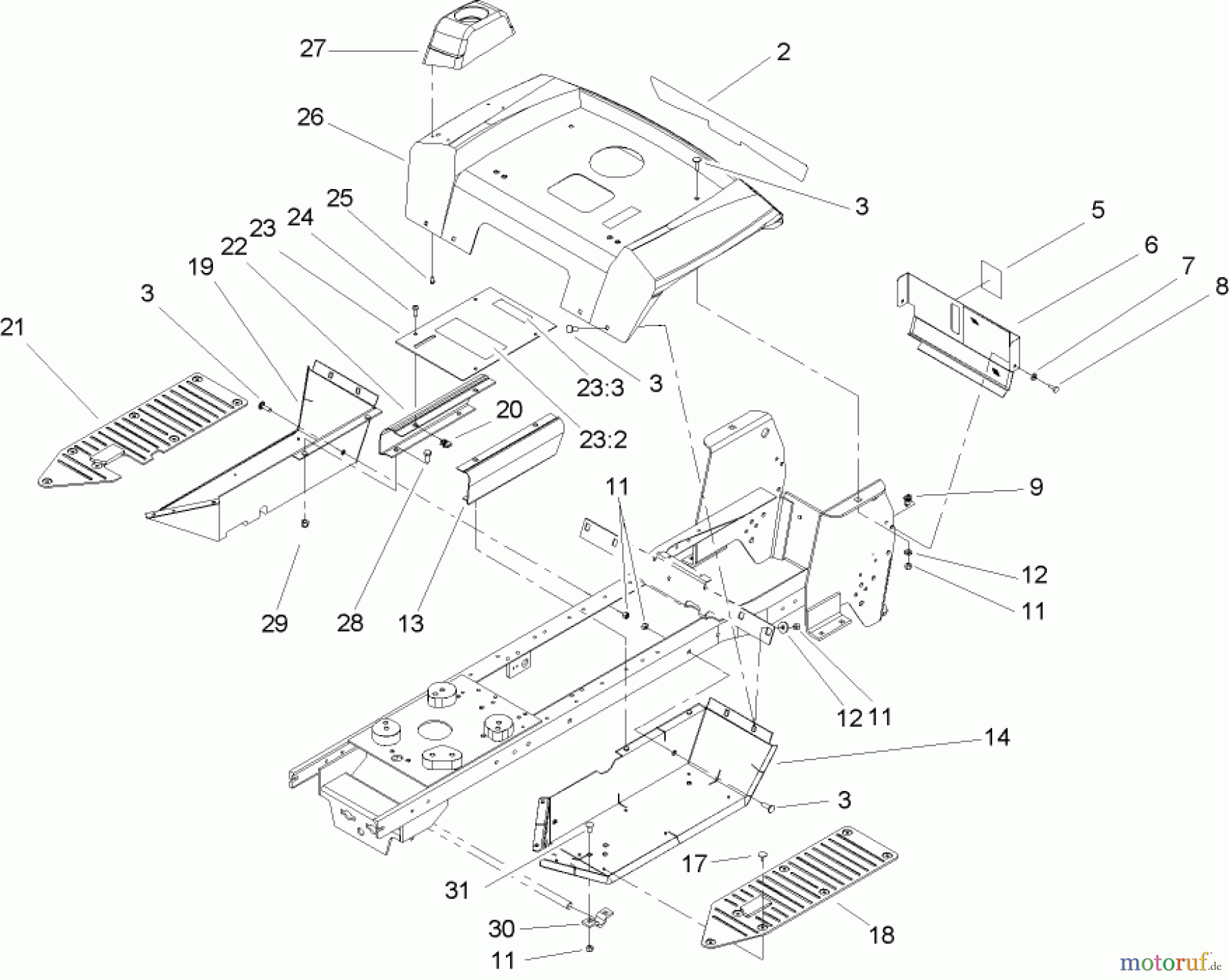 Toro Neu Mowers, Lawn & Garden Tractor Seite 1 72200 (410) - Toro 410 Garden Tractor, 2005 (250000001-250999999) FENDER AND FOOTREST ASSEMBLY