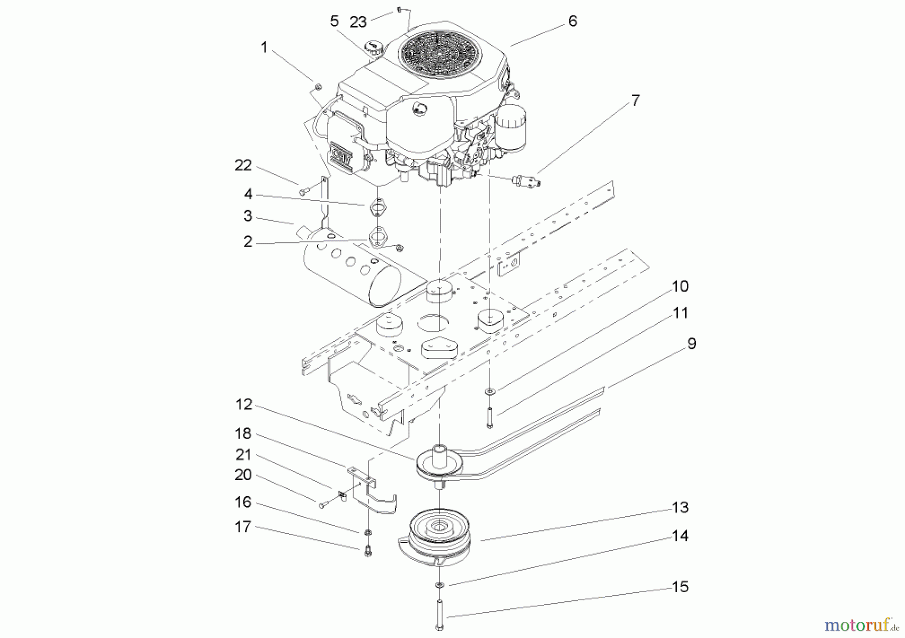 Toro Neu Mowers, Lawn & Garden Tractor Seite 1 72200 (416XT) - Toro 416XT Garden Tractor, 2004 (240000001-240999999) ENGINE, MUFFLER AND PTO ASSEMBLY