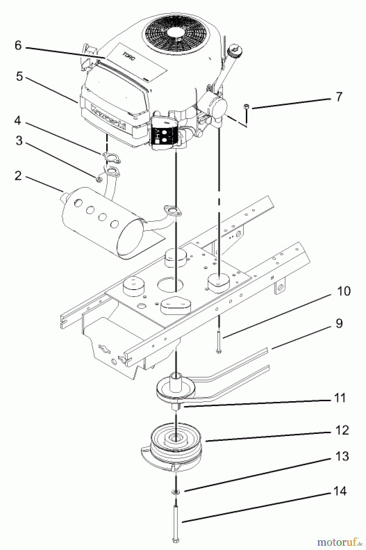 Toro Neu Mowers, Lawn & Garden Tractor Seite 1 72201 (417XT) - Toro 417XT Garden Tractor, 2003 (230000001-230999999) ENGINE AND MUFFLER ASSEMBLY