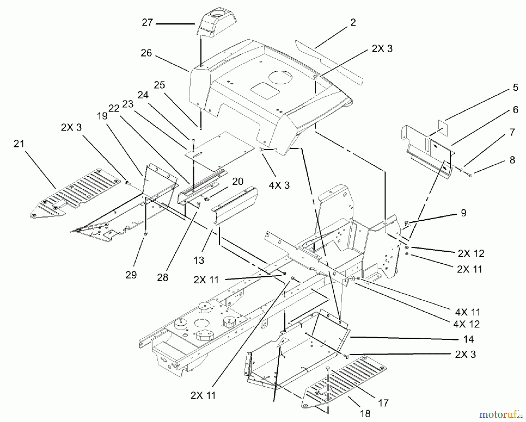 Toro Neu Mowers, Lawn & Garden Tractor Seite 1 72202 (419XT) - Toro 419XT Garden Tractor, 2003 (230000001-230999999) FENDER AND FOOTREST ASSEMBLY