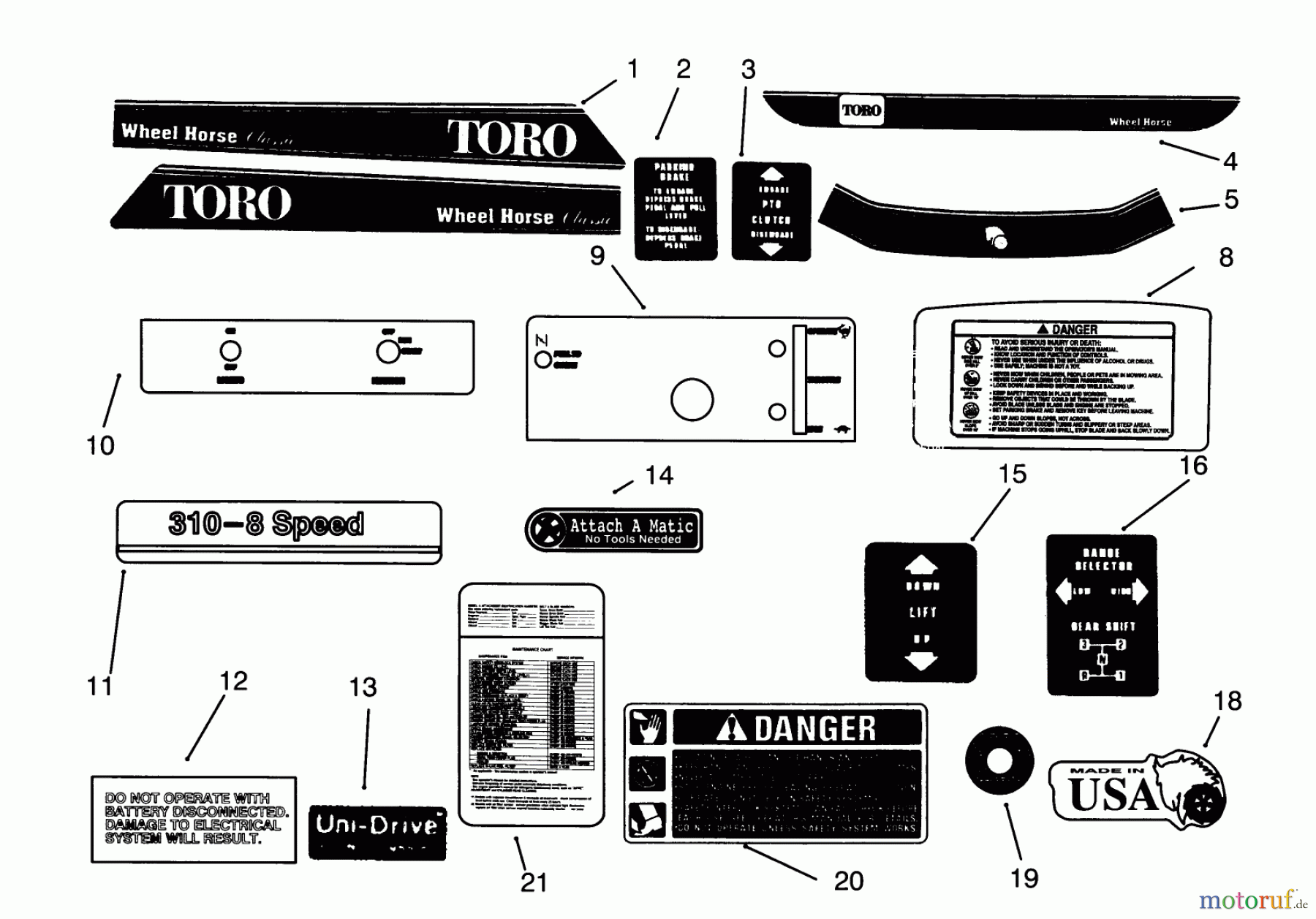 Toro Neu Mowers, Lawn & Garden Tractor Seite 1 73320 (310-8) - Toro 310-8 Garden Tractor, 1993 (3900001-3999999) DECALS