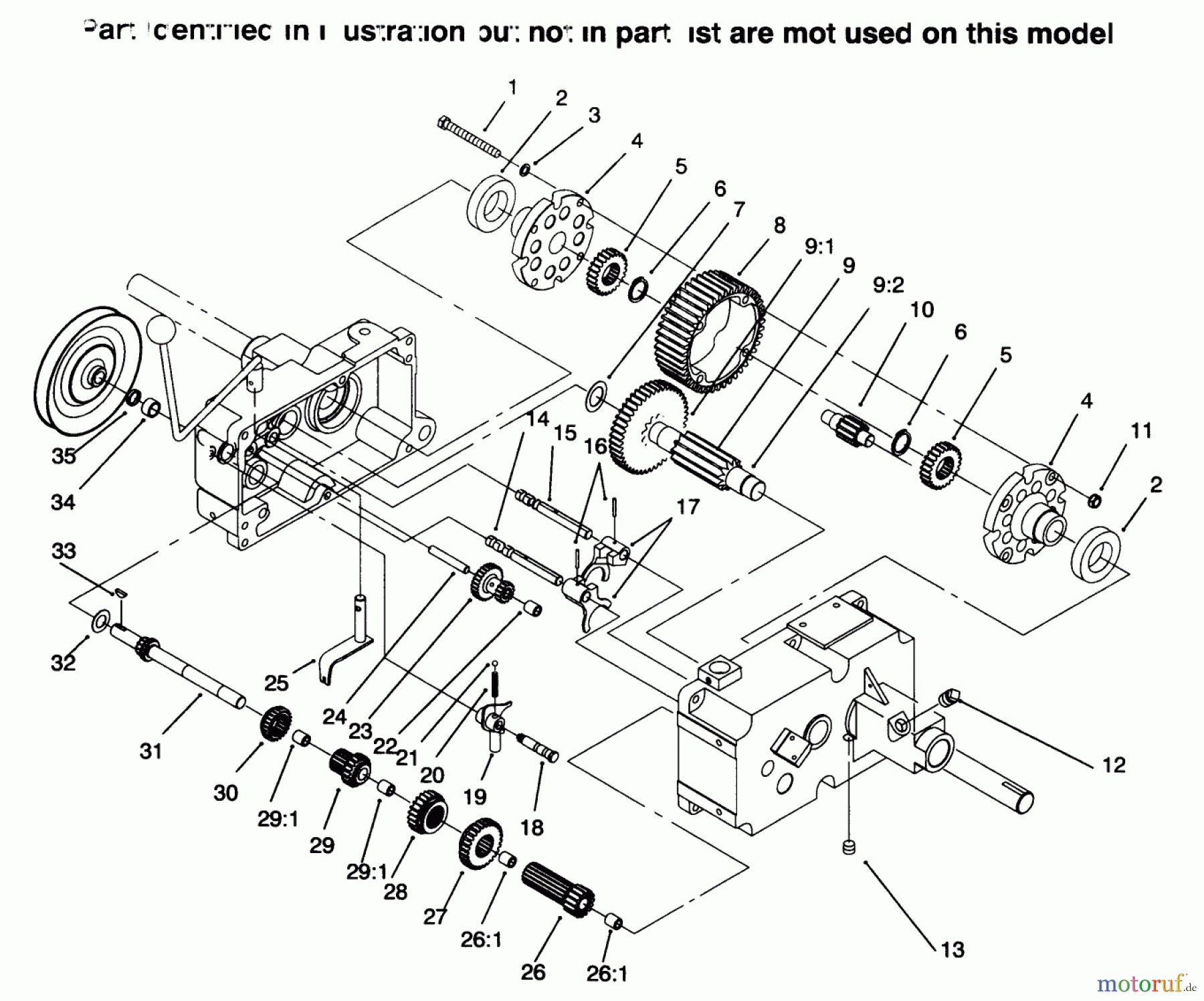 Toro Neu Mowers, Lawn & Garden Tractor Seite 1 73363 (312-8) - Toro 312-8 Garden Tractor, 1996 (6900001-6999999) TRANSMISSION 8-SPEED 4 PINION #2