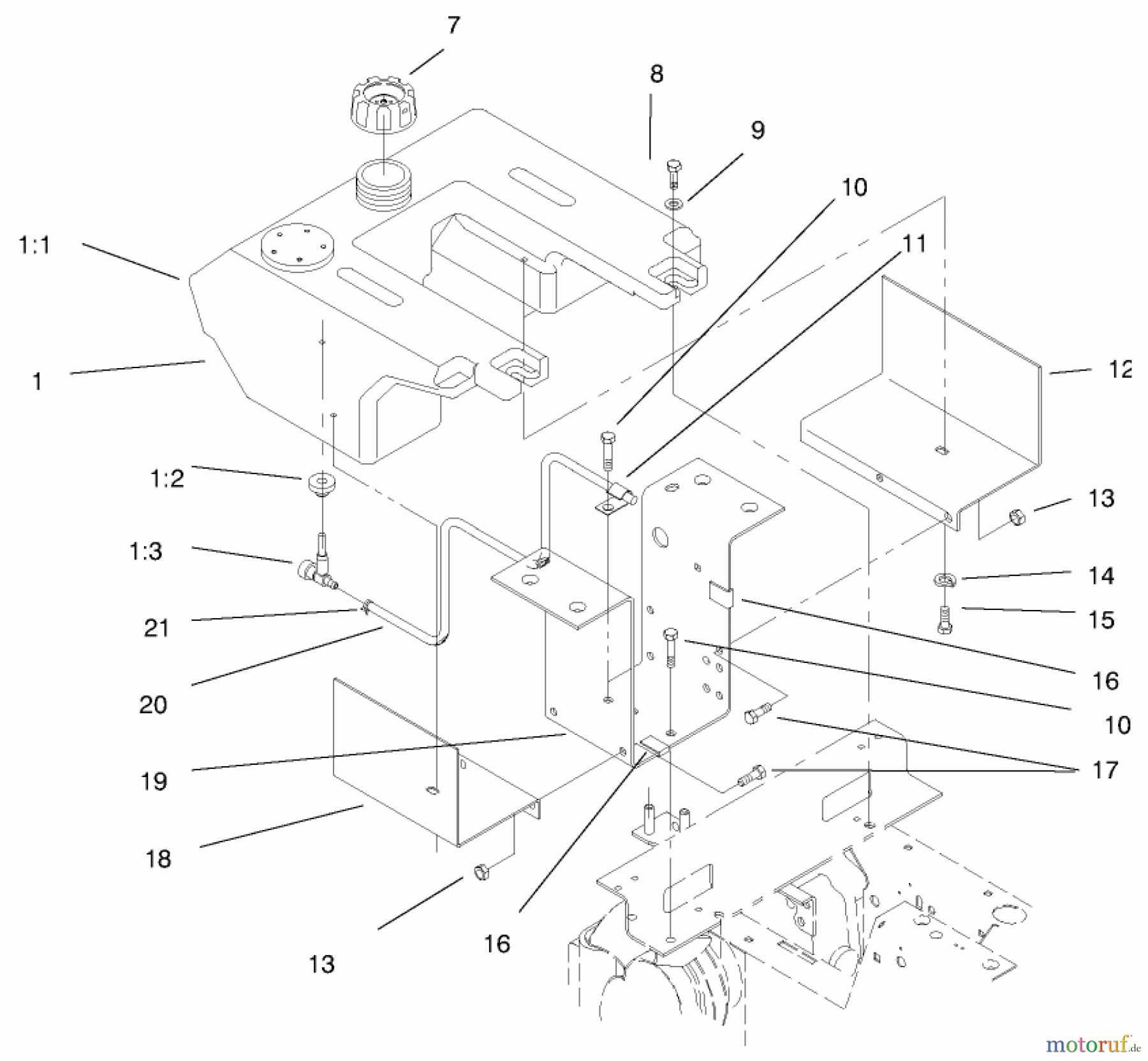 Toro Neu Mowers, Lawn & Garden Tractor Seite 1 73363 (312-8) - Toro 312-8 Garden Tractor, 1997 (7900001-7999999) FUEL TANK ASSEMBLY