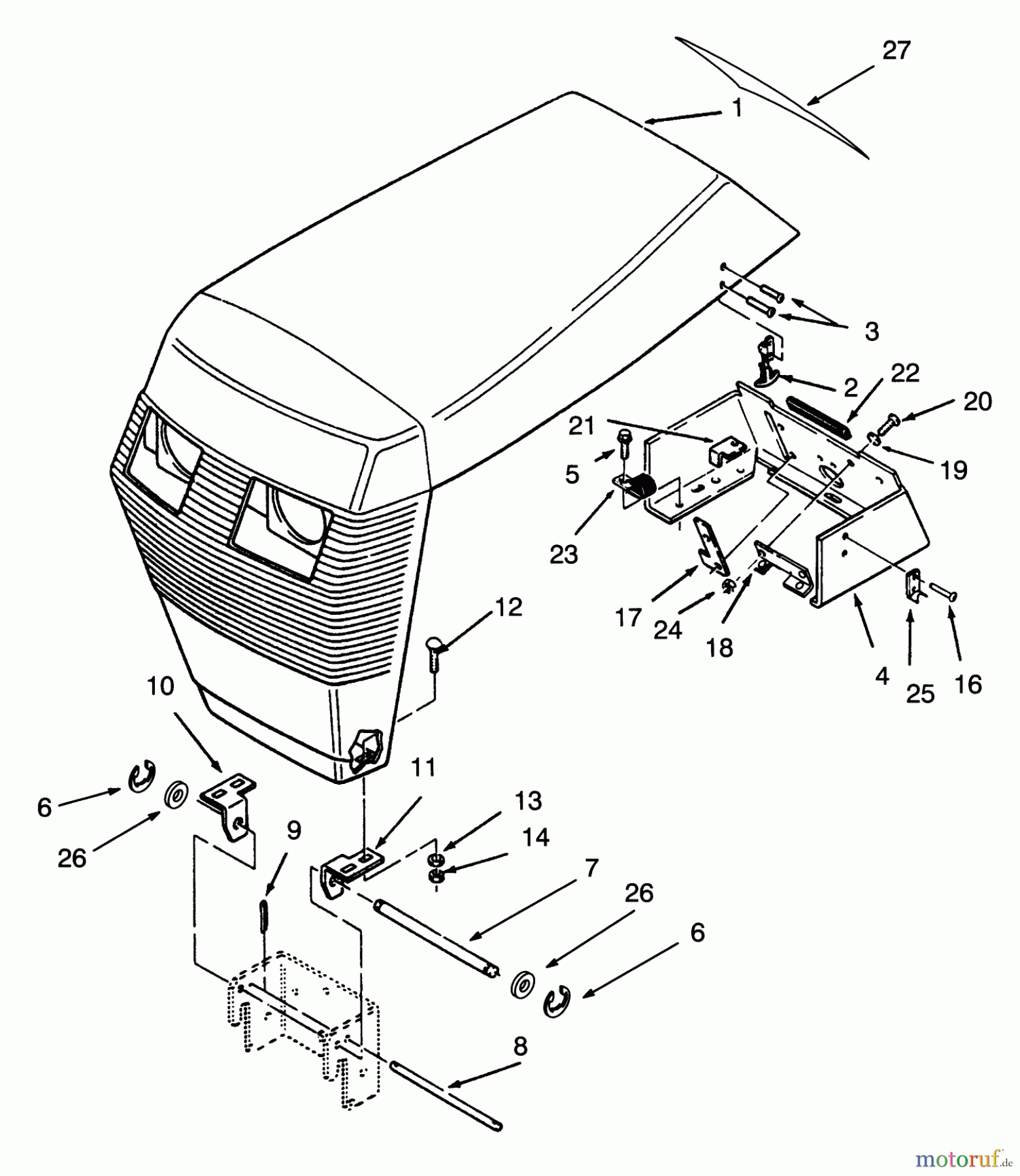 Toro Neu Mowers, Lawn & Garden Tractor Seite 1 73380 (312-8) - Toro 312-8 Garden Tractor, 1993 (3900001-3999999) HOOD ASSEMBLY