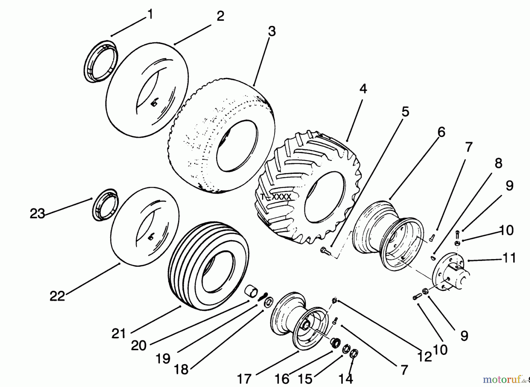 Toro Neu Mowers, Lawn & Garden Tractor Seite 1 73380 (312-8) - Toro 312-8 Garden Tractor, 1993 (3900001-3999999) WHEELS AND TIRES