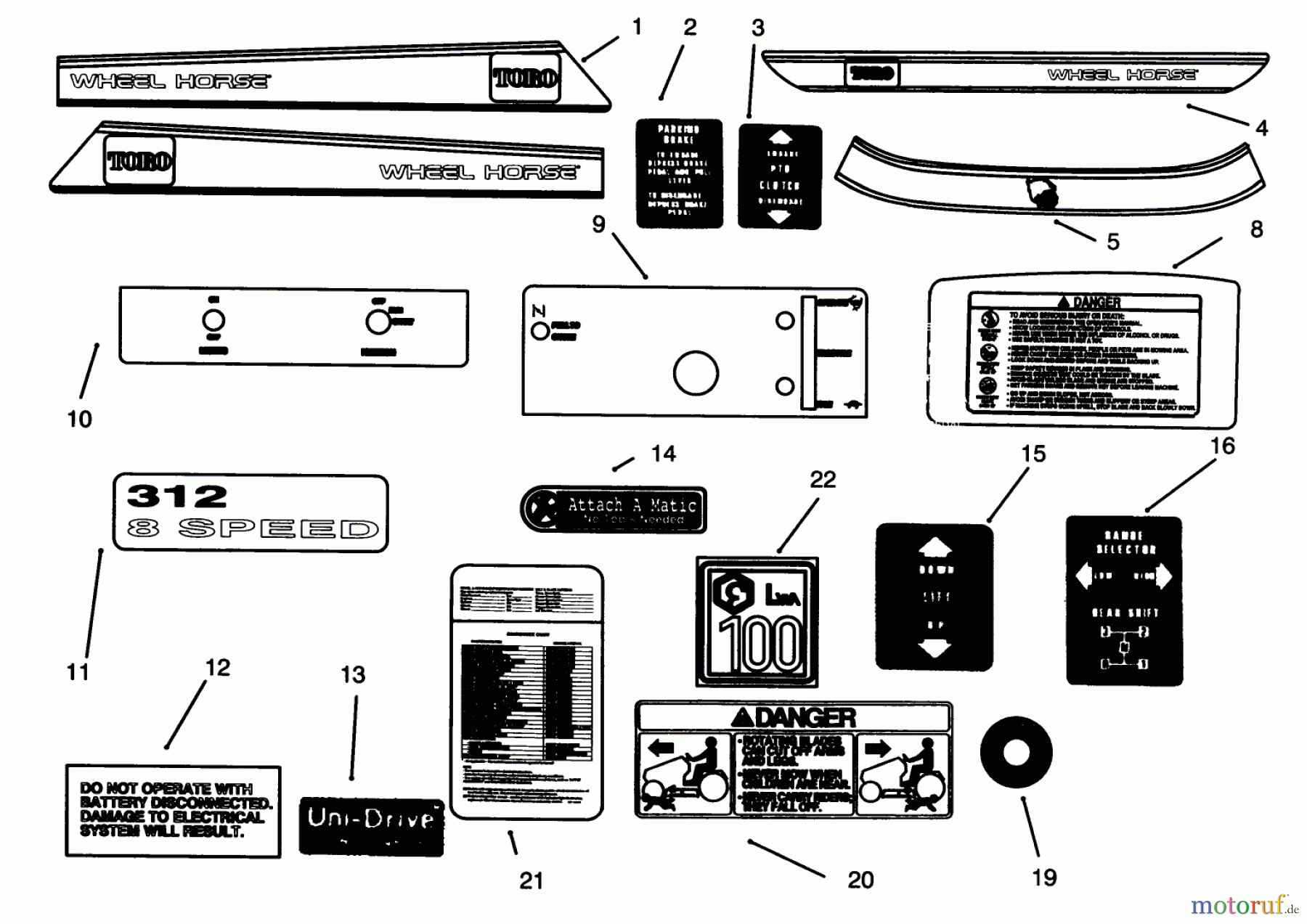 Toro Neu Mowers, Lawn & Garden Tractor Seite 1 73380 (312-8) - Toro 312-8 Garden Tractor, 1994 (4900001-4999999) DECALS