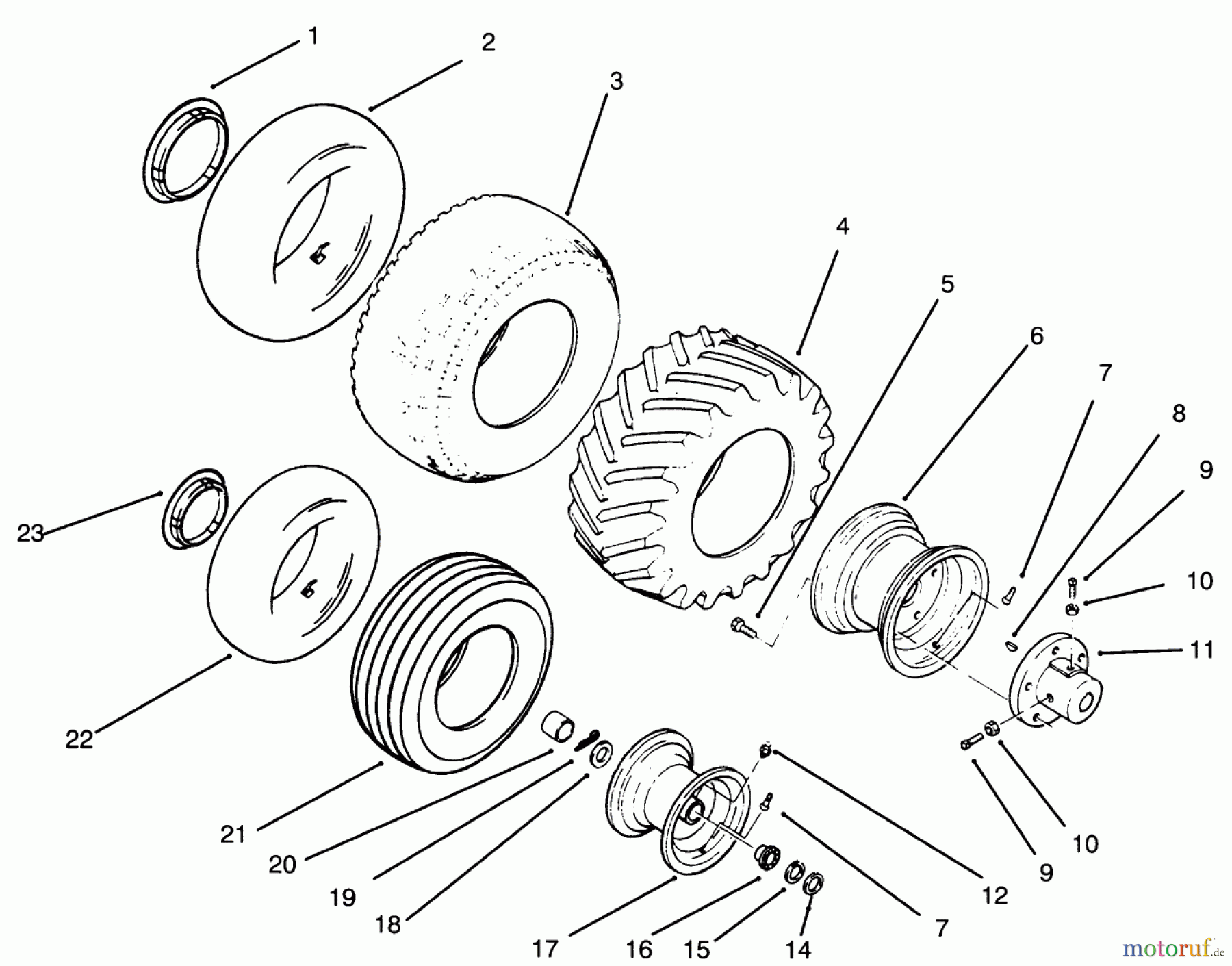 Toro Neu Mowers, Lawn & Garden Tractor Seite 1 73400 (314-8) - Toro 314-8 Garden Tractor, 1996 (SN 6900001-6999999) WHEELS AND TIRES