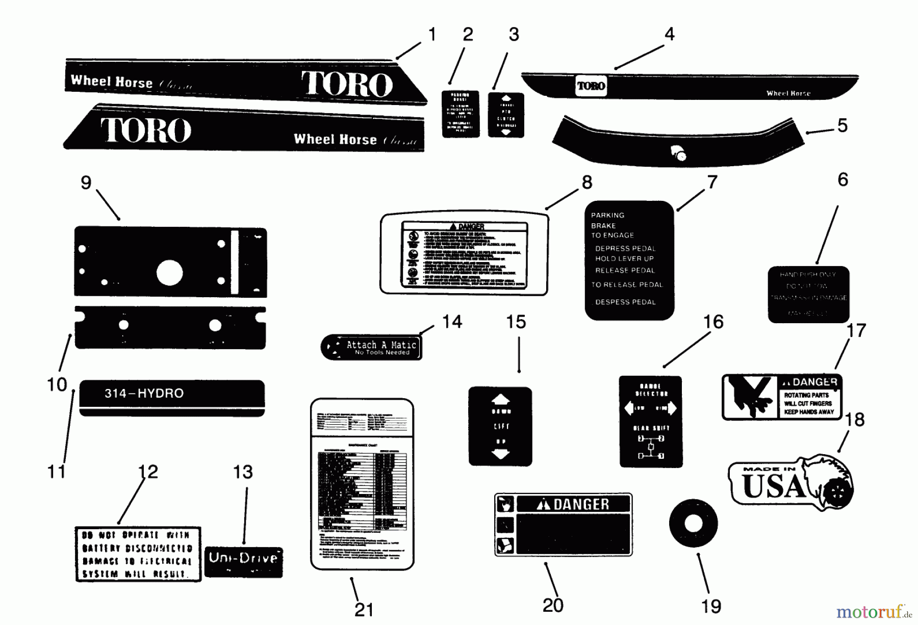 Toro Neu Mowers, Lawn & Garden Tractor Seite 1 73401 (314-H) - Toro 314-H Garden Tractor, 1993 (3900001-3999999) DECALS