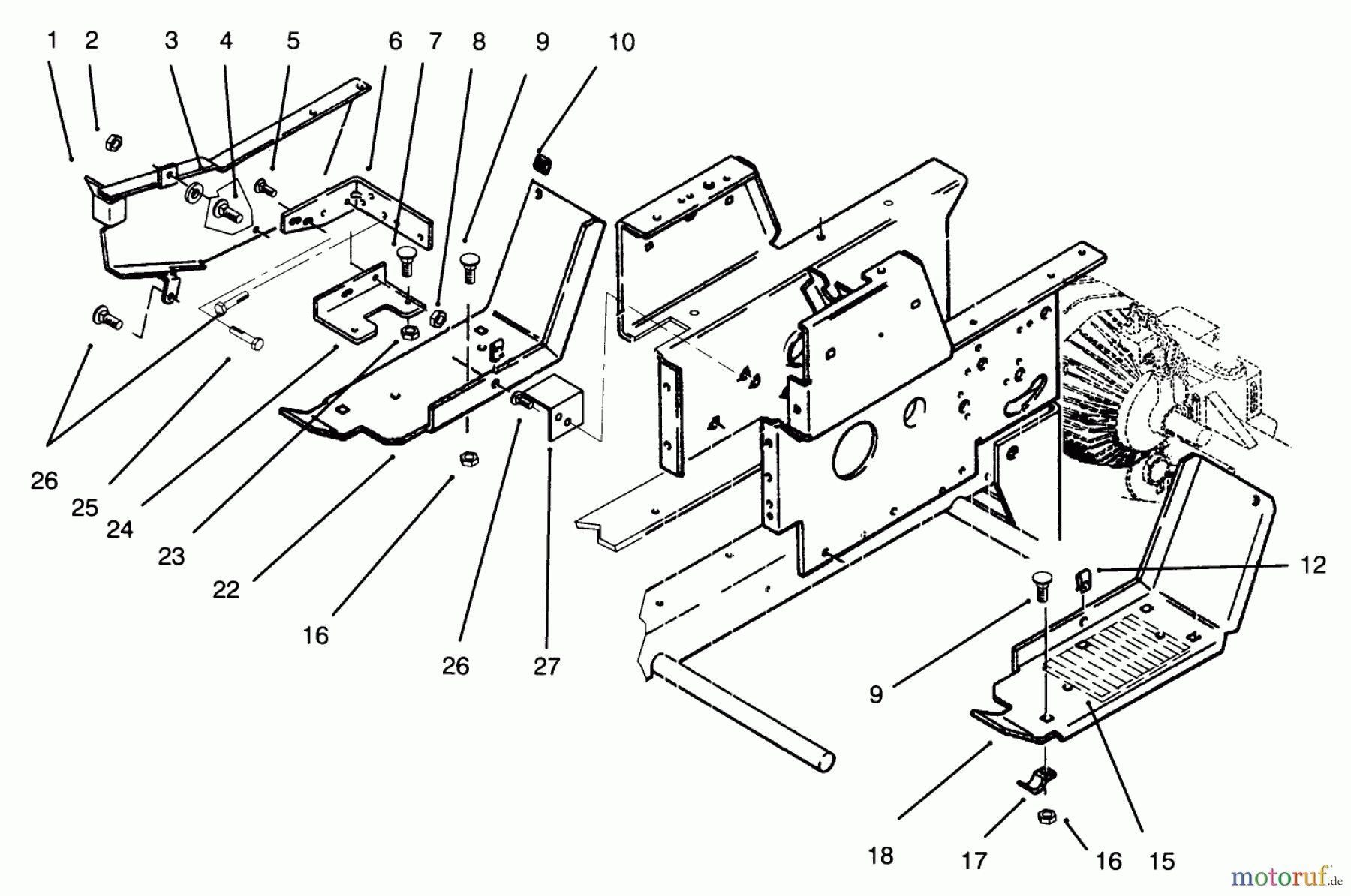 Toro Neu Mowers, Lawn & Garden Tractor Seite 1 73401 (314-H) - Toro 314-H Garden Tractor, 1995 (5900001-5900260) BELT GUARD & FOOTRESTS