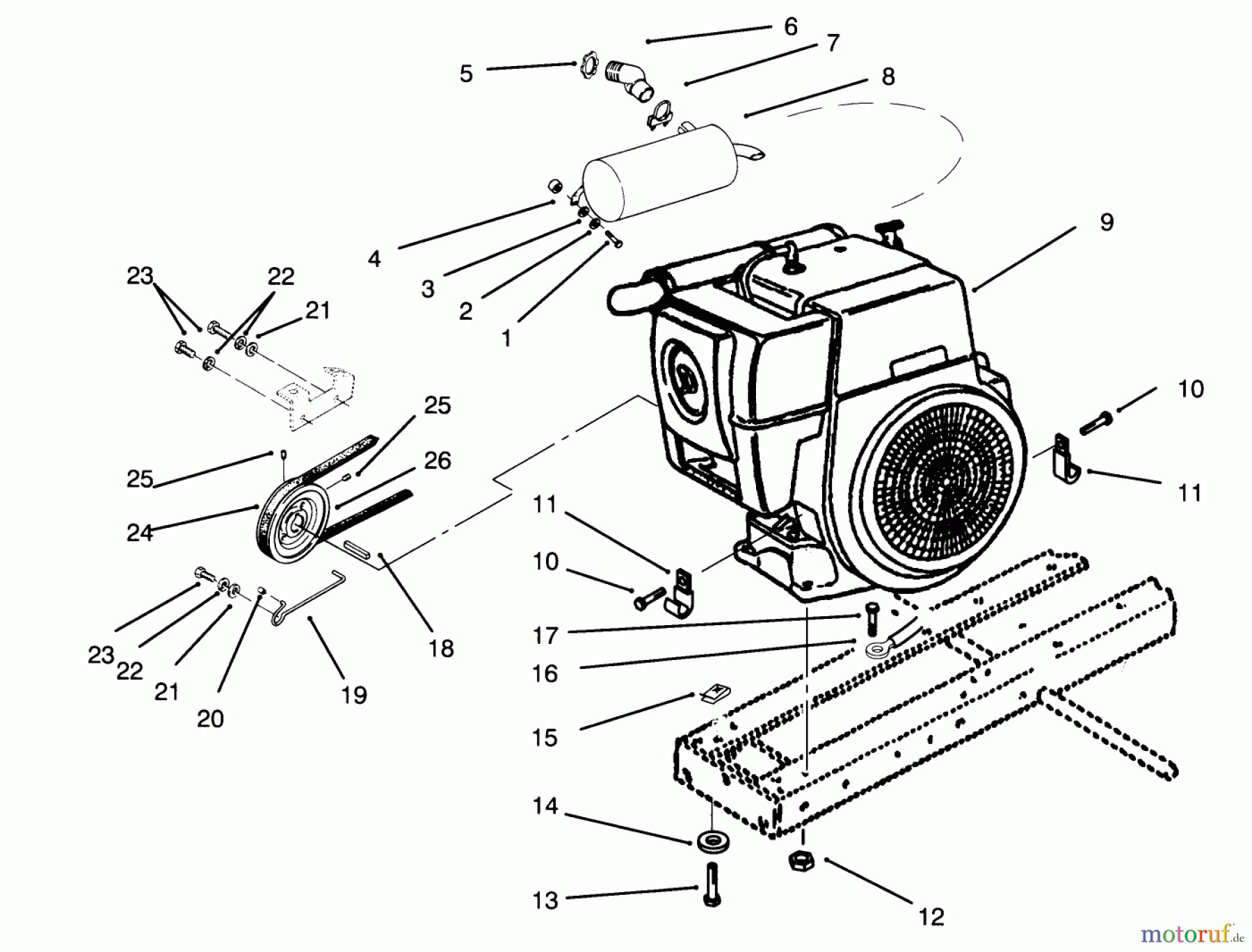 Toro Neu Mowers, Lawn & Garden Tractor Seite 1 73401 (314-H) - Toro 314-H Garden Tractor, 1995 (5900001-5900260) ENGINE, MUFFLER, PULLEY & DRIVE BELT