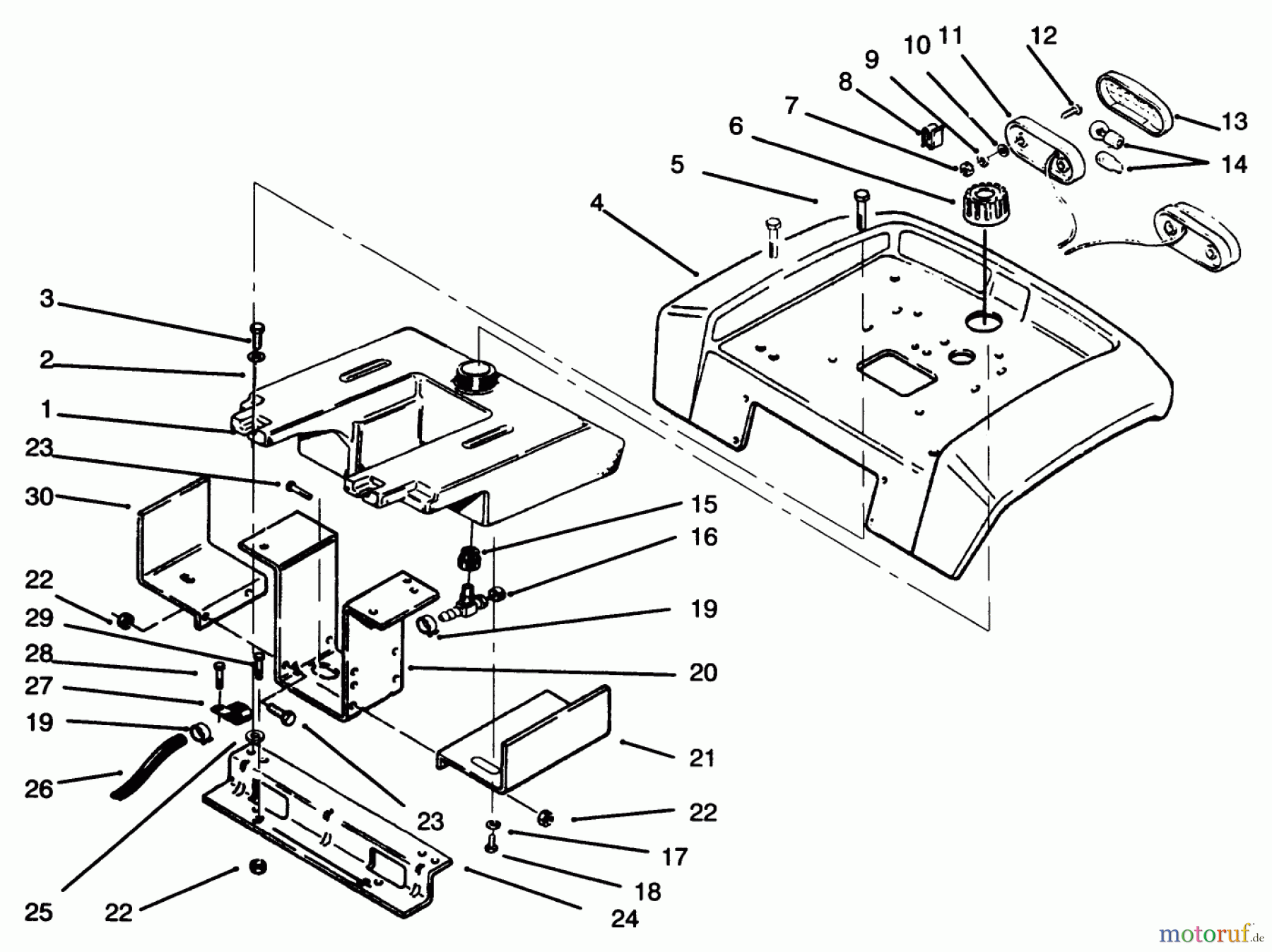  Toro Neu Mowers, Lawn & Garden Tractor Seite 1 73401 (314-H) - Toro 314-H Garden Tractor, 1996 (6900001-6999999) FENDER, FENDER SUPPORTS AND FUEL TANK