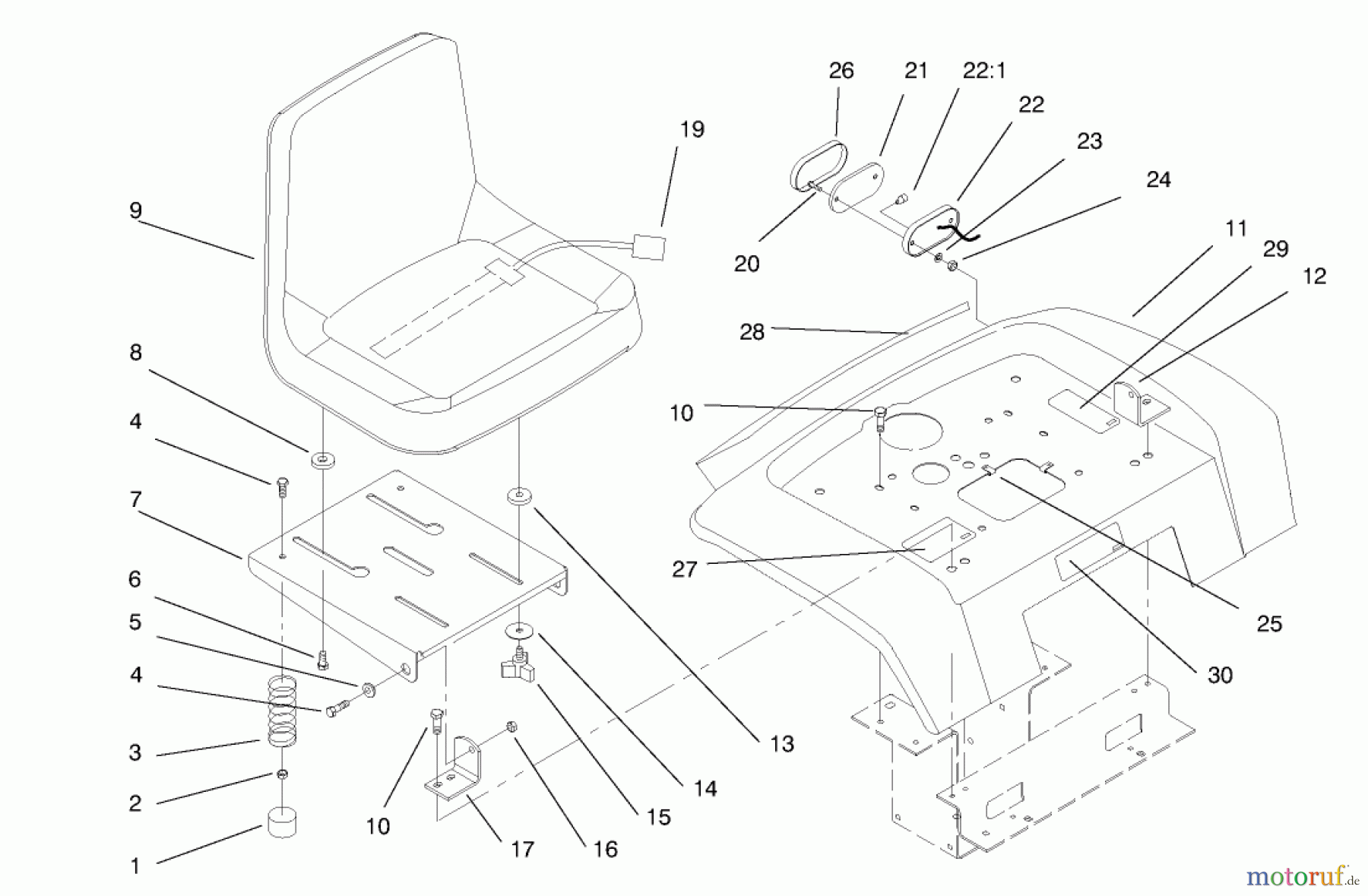 Toro Neu Mowers, Lawn & Garden Tractor Seite 1 73402 (314-8) - Toro 314-8 Garden Tractor, 1997 (7900001-7999999) FENDER, SEAT & TAIL LIGHTS