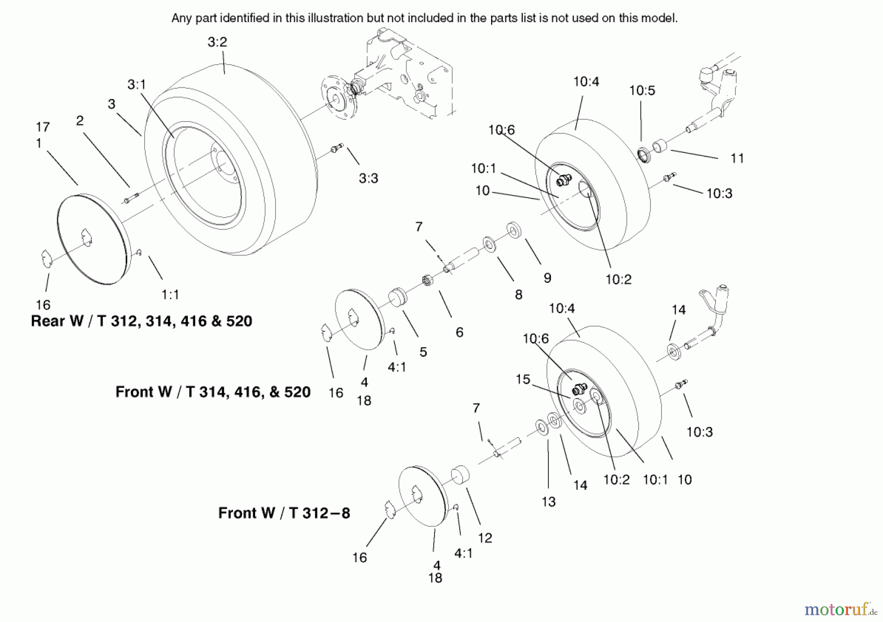 Toro Neu Mowers, Lawn & Garden Tractor Seite 1 73402 (314-8) - Toro 314-8 Garden Tractor, 1997 (7900001-7999999) WHEEL ASSEMBLIES