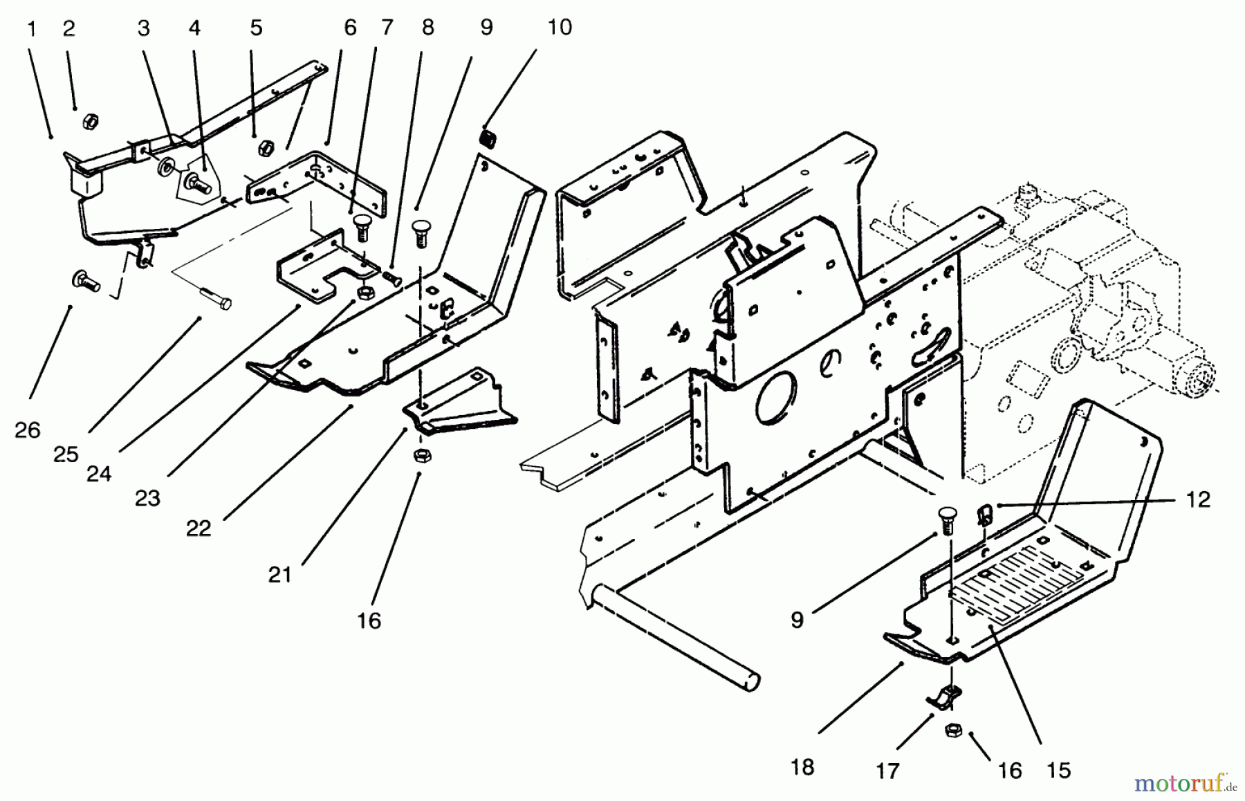 Toro Neu Mowers, Lawn & Garden Tractor Seite 1 73420 (416-8) - Toro 416-8 Garden Tractor, 1995 (5900001-5000614) BELT GUARD & FOOTRESTS