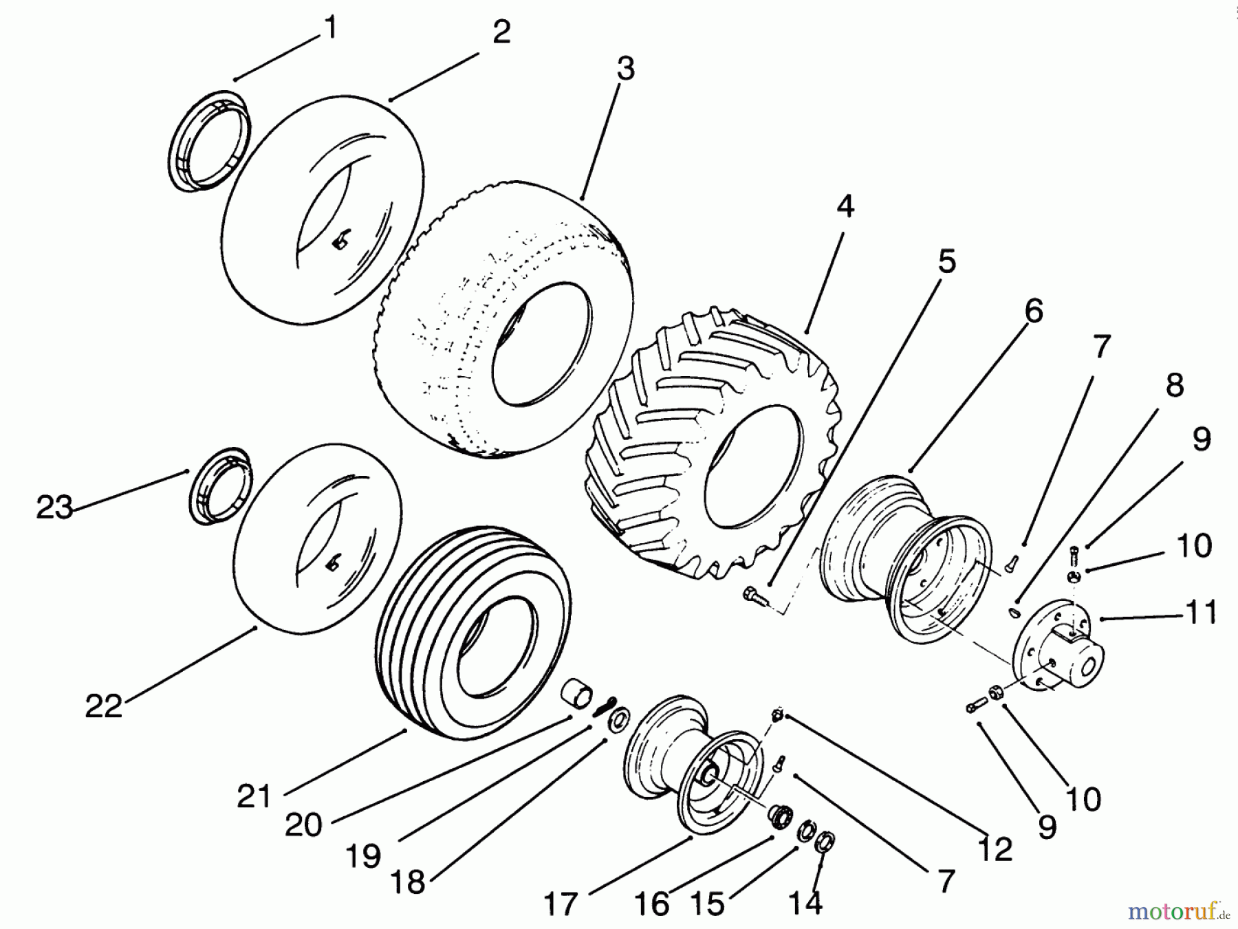 Toro Neu Mowers, Lawn & Garden Tractor Seite 1 73420 (416-8) - Toro 416-8 Garden Tractor, 1995 (5900001-5000614) WHEELS AND TIRES