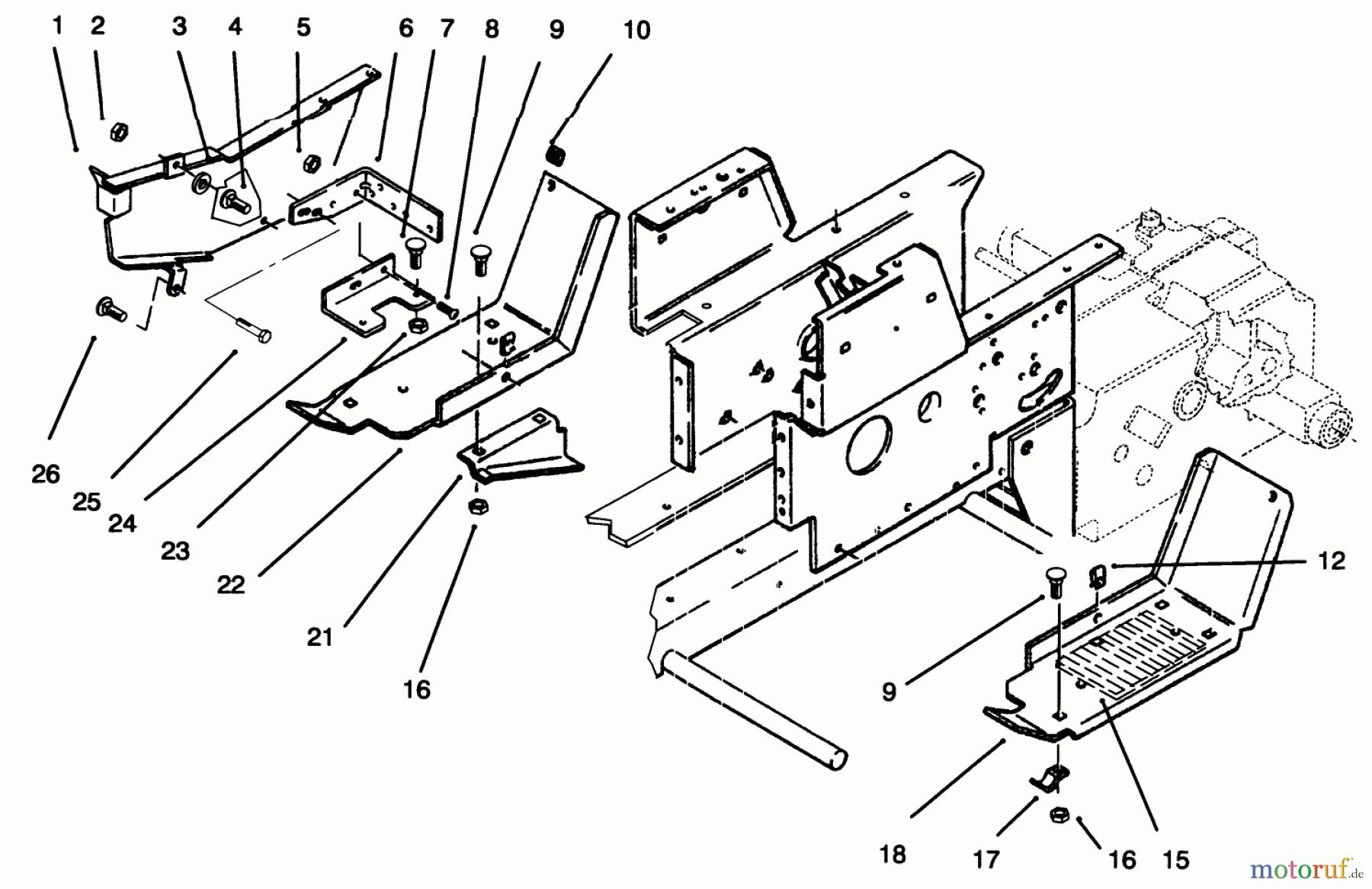 Toro Neu Mowers, Lawn & Garden Tractor Seite 1 73420 (416-8) - Toro 416-8 Garden Tractor, 1996 (6900001-6999999) BELT GUARD & FOOTRESTS