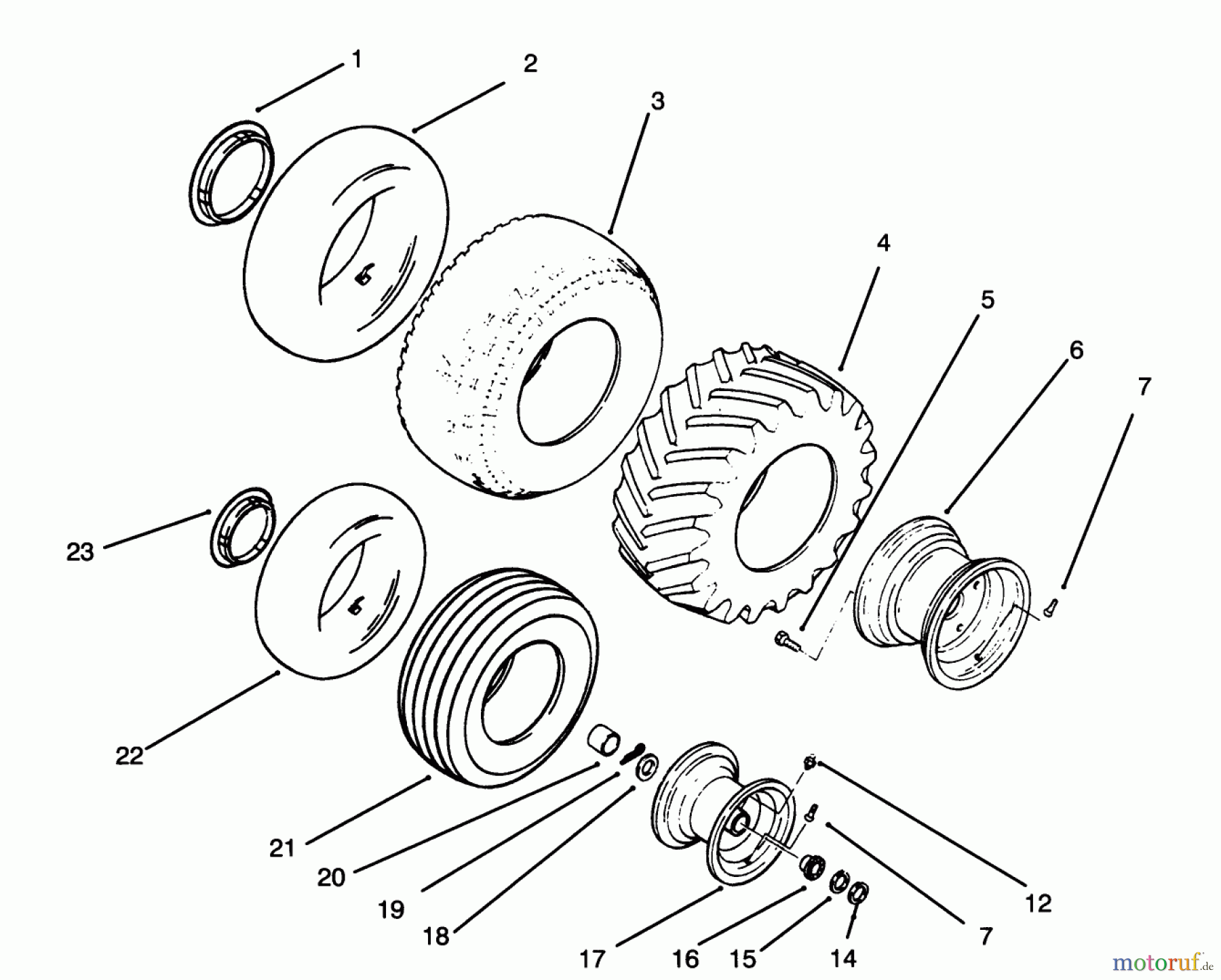 Toro Neu Mowers, Lawn & Garden Tractor Seite 1 73421 (416-H) - Toro 416-H Garden Tractor, 1995 (5900001-5901046) WHEELS AND TIRES