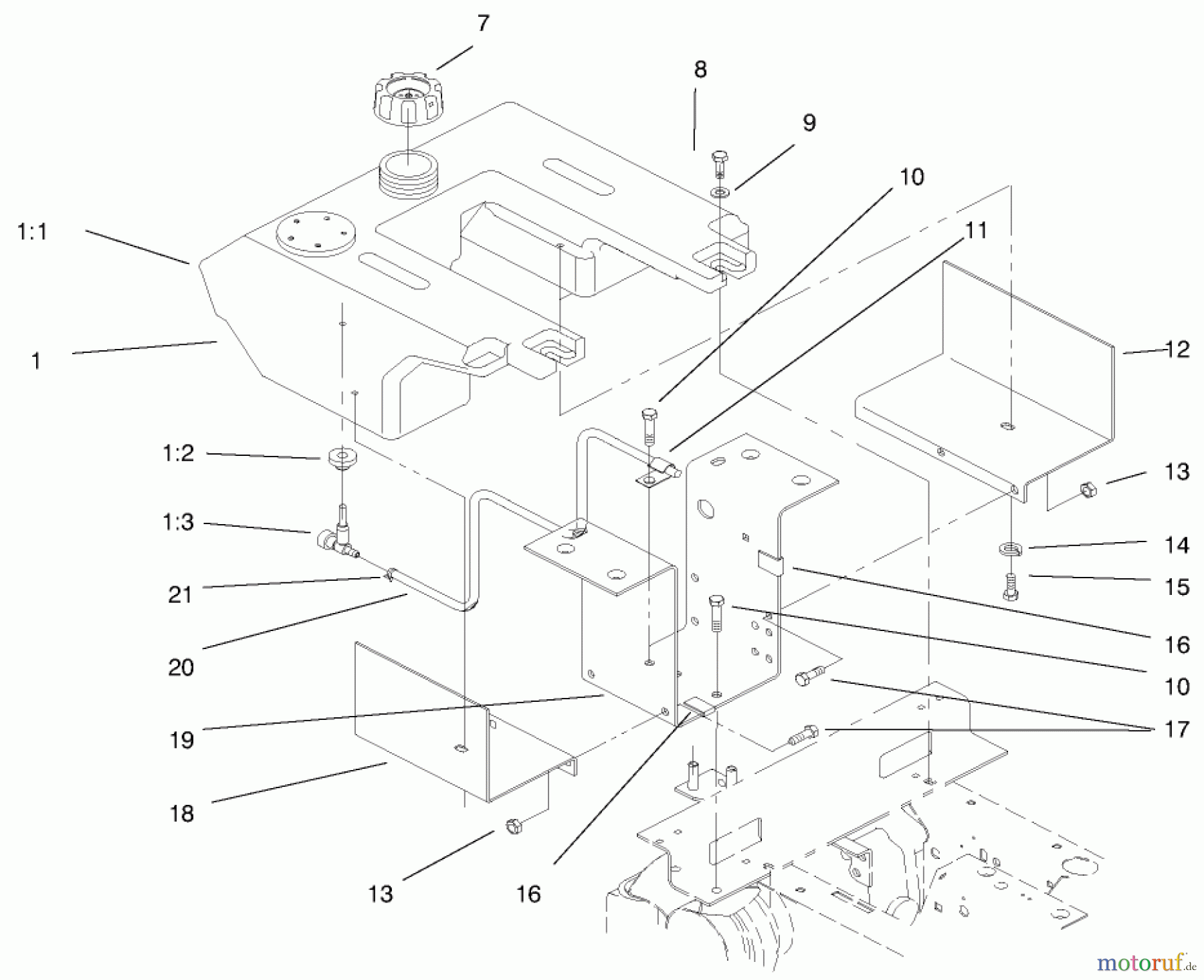 Toro Neu Mowers, Lawn & Garden Tractor Seite 1 73422 (416-8) - Toro 416-8 Garden Tractor, 1997 (7900001-7999999) FUEL TANK & HYDRO FAN CONTROL ASSEMBLY