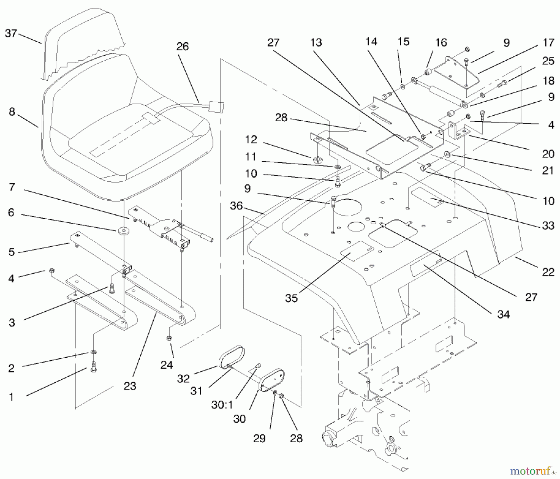 Toro Neu Mowers, Lawn & Garden Tractor Seite 1 73423 (416-H) - Toro 416-H Garden Tractor, 1997 (7900001-7999999) FENDER, SEAT & TAIL LIGHTS