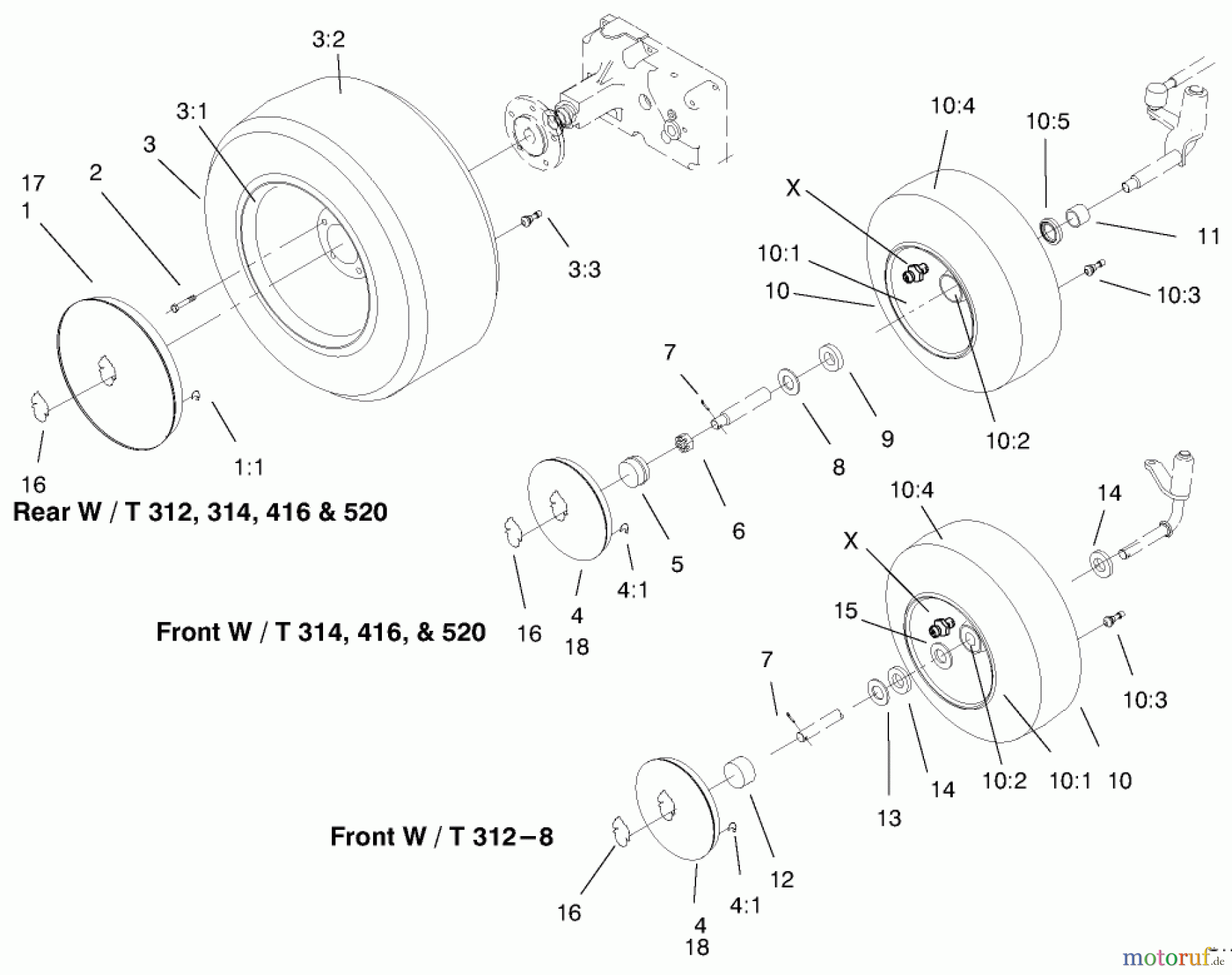 Toro Neu Mowers, Lawn & Garden Tractor Seite 1 73423 (416-H) - Toro 416-H Garden Tractor, 1997 (7900001-7999999) WHEEL ASSEMBLIES