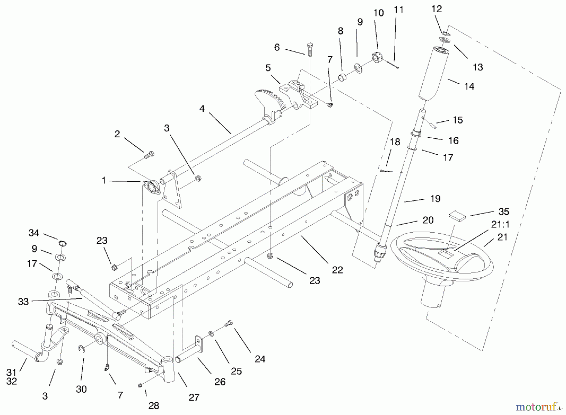 Toro Neu Mowers, Lawn & Garden Tractor Seite 1 73429 (312-8) - Toro 312-8 Garden Tractor, 1999 (9900001-9999999) FRAME, AXLE & STEERING SYSTEM