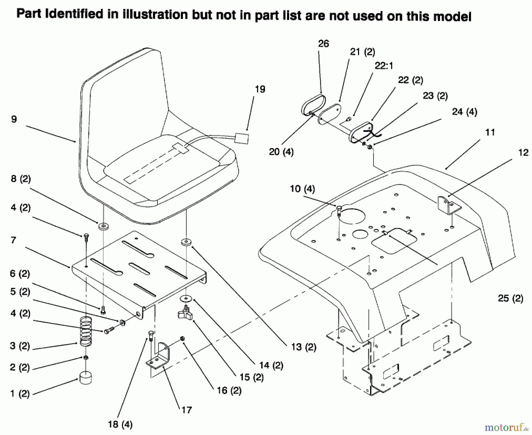 Toro Neu Mowers, Lawn & Garden Tractor Seite 1 73441 (416-8) - Toro 416-8 Garden Tractor, 1996 (69000001-69999999) FENDER, SEAT