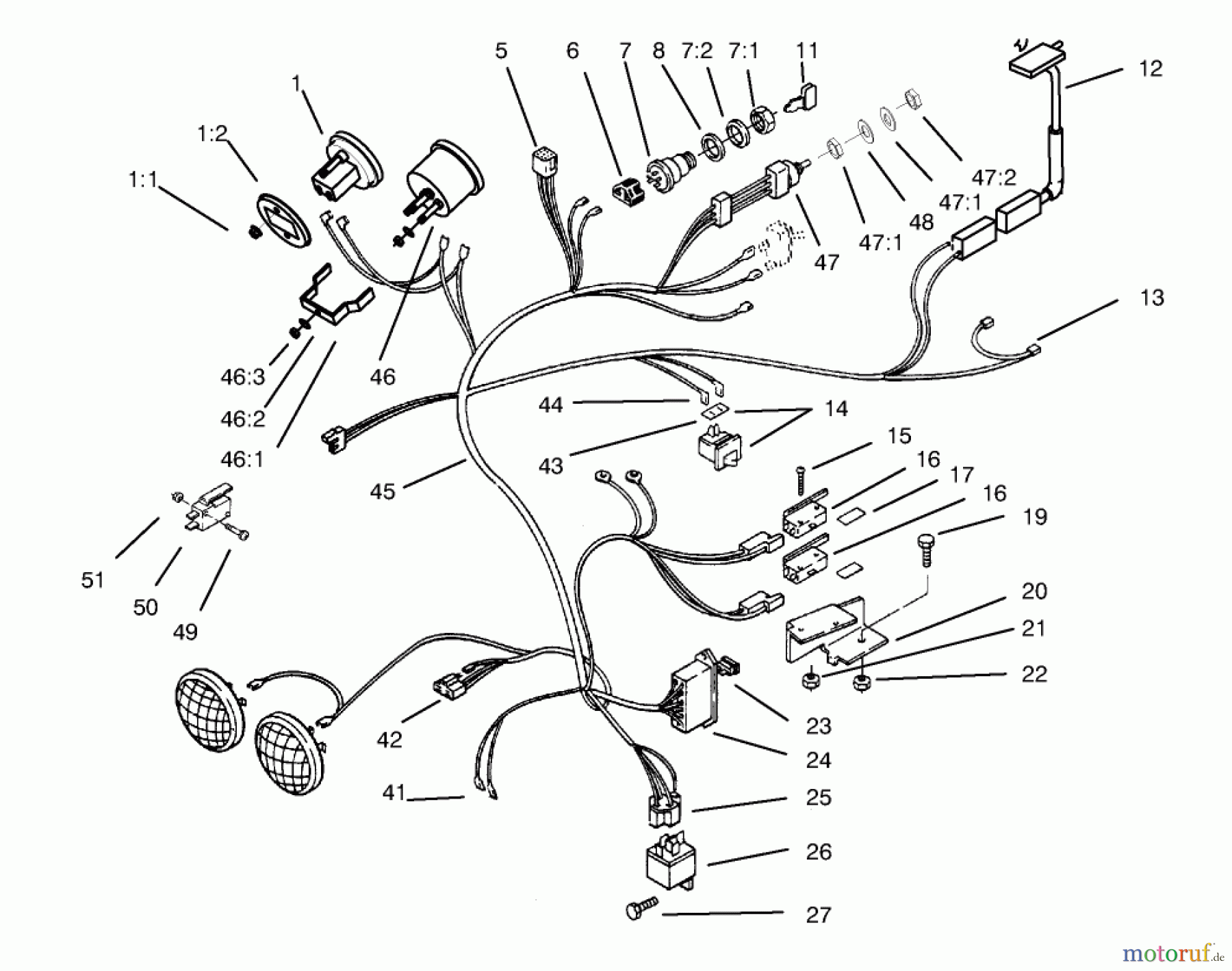  Toro Neu Mowers, Lawn & Garden Tractor Seite 1 73441 (416-8) - Toro 416-8 Garden Tractor, 1997 (7900001-7999999) 416-8E WIRE HARNESS ATTACHMENT & COMPONENT-S