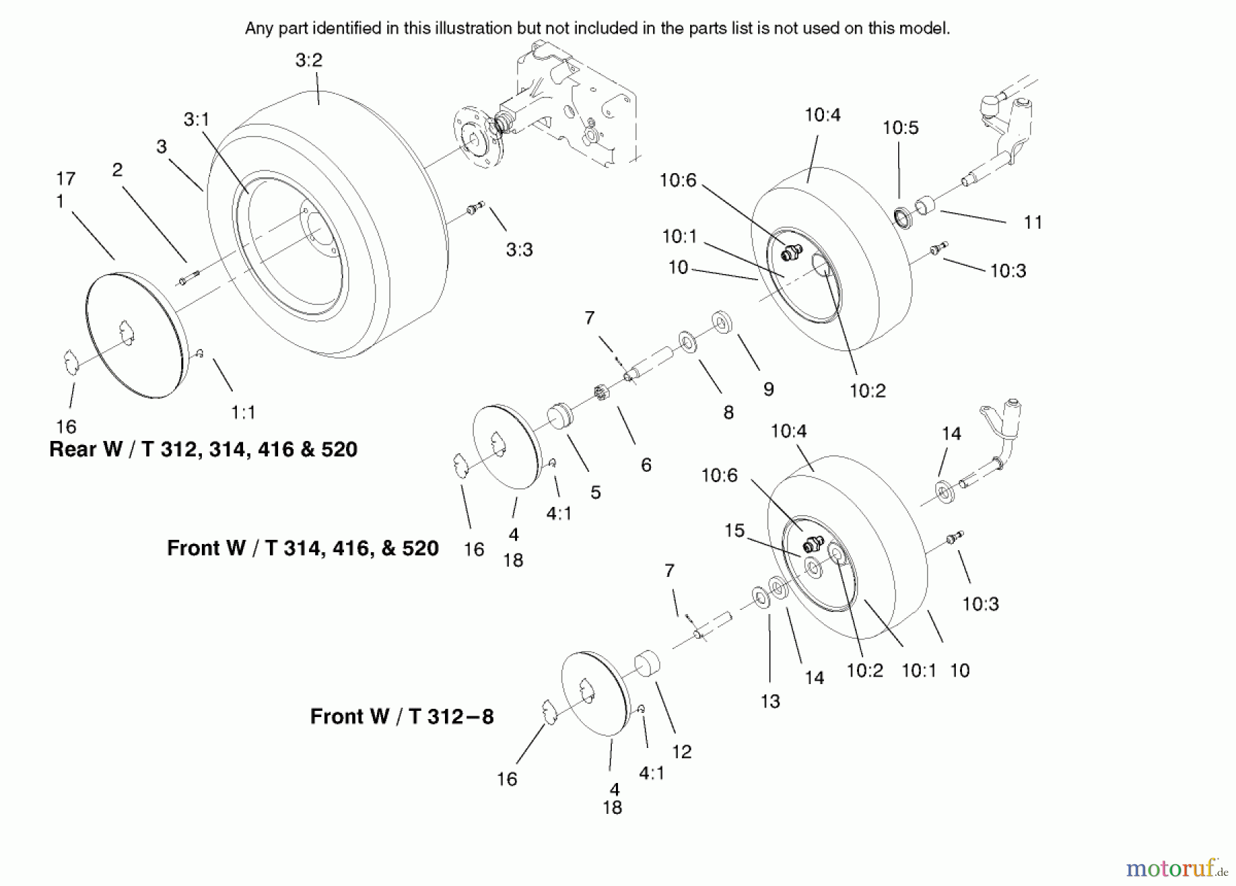 Toro Neu Mowers, Lawn & Garden Tractor Seite 1 73441 (416-8) - Toro 416-8 Garden Tractor, 1997 (7900001-7999999) WHEEL ASSEMBLIES