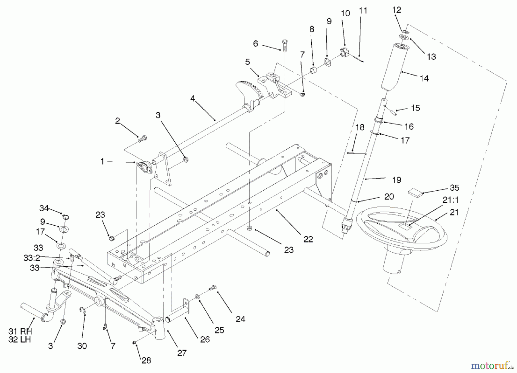  Toro Neu Mowers, Lawn & Garden Tractor Seite 1 73448 (314-8) - Toro 314-8 Garden Tractor, 1998 (8900500-8999999) FRAME AXLE AND STEERING SYSTEM