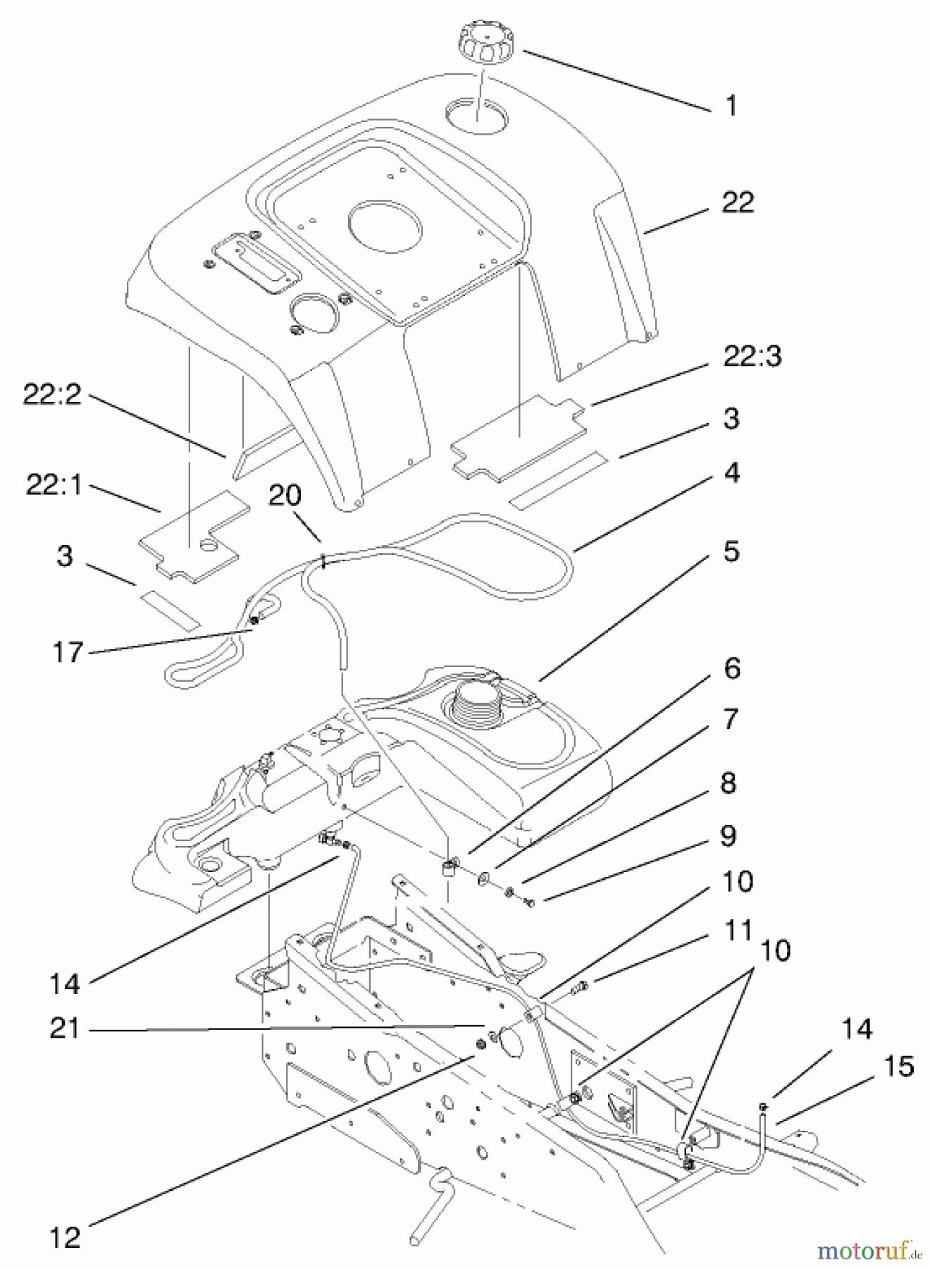 Toro Neu Mowers, Lawn & Garden Tractor Seite 1 73541 (520xi) - Toro 520xi Garden Tractor, 1998 (8900001-8999999) FENDER AND FUEL SYSTEM ASSEMBLY