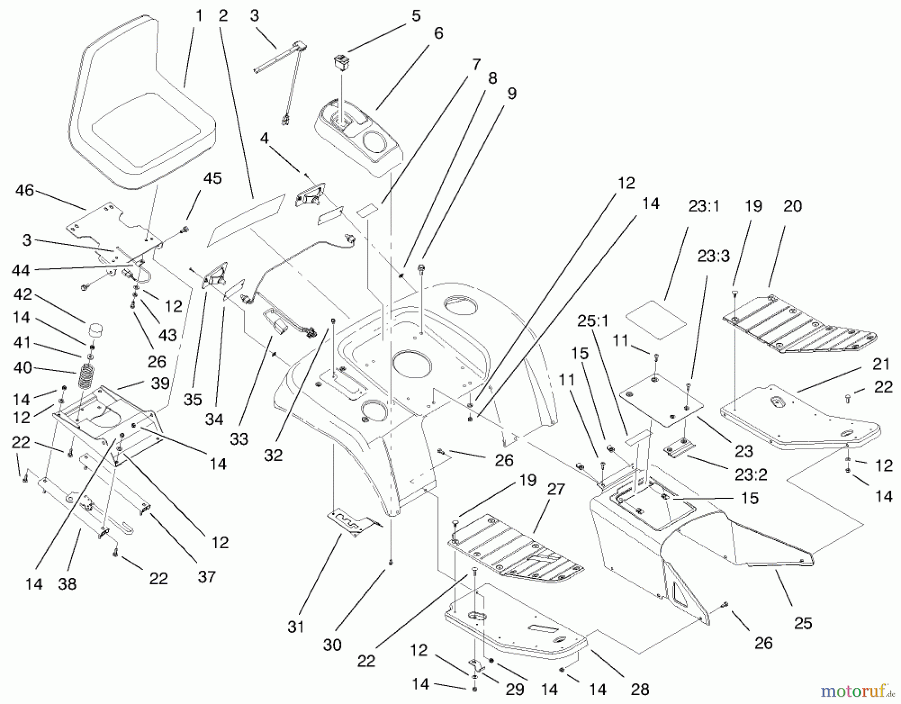 Toro Neu Mowers, Lawn & Garden Tractor Seite 1 73541 (520xi) - Toro 520xi Garden Tractor, 1998 (8900001-8999999) FENDER, FOOTREST AND SEAT ASSEMBLY