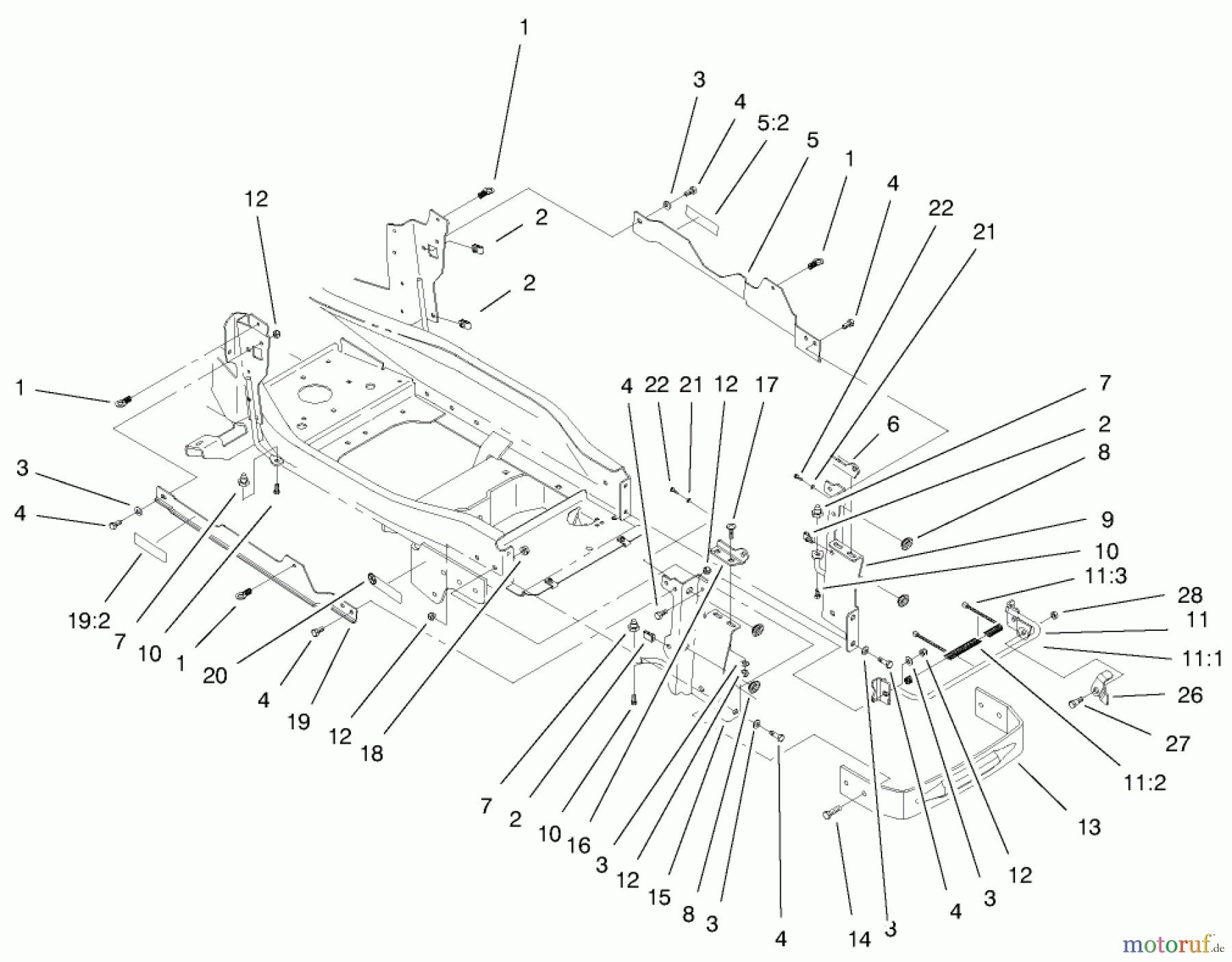  Toro Neu Mowers, Lawn & Garden Tractor Seite 1 73542 (520xi) - Toro 520xi Garden Tractor, 2000 (000000001-000999999) BUMPER & HOOD SUPPORT ASSEMBLY