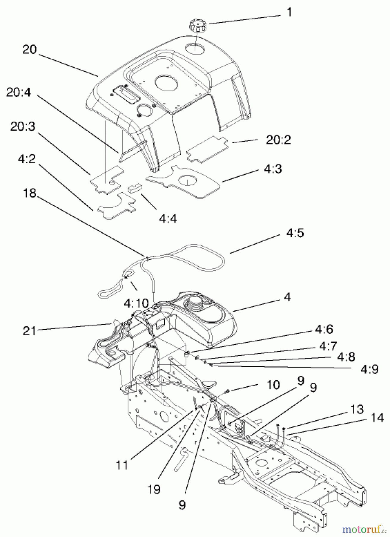Toro Neu Mowers, Lawn & Garden Tractor Seite 1 73542 (520xi) - Toro 520xi Garden Tractor, 2000 (000000001-000999999) FENDER & FUEL SYSTEM ASSEMBLY