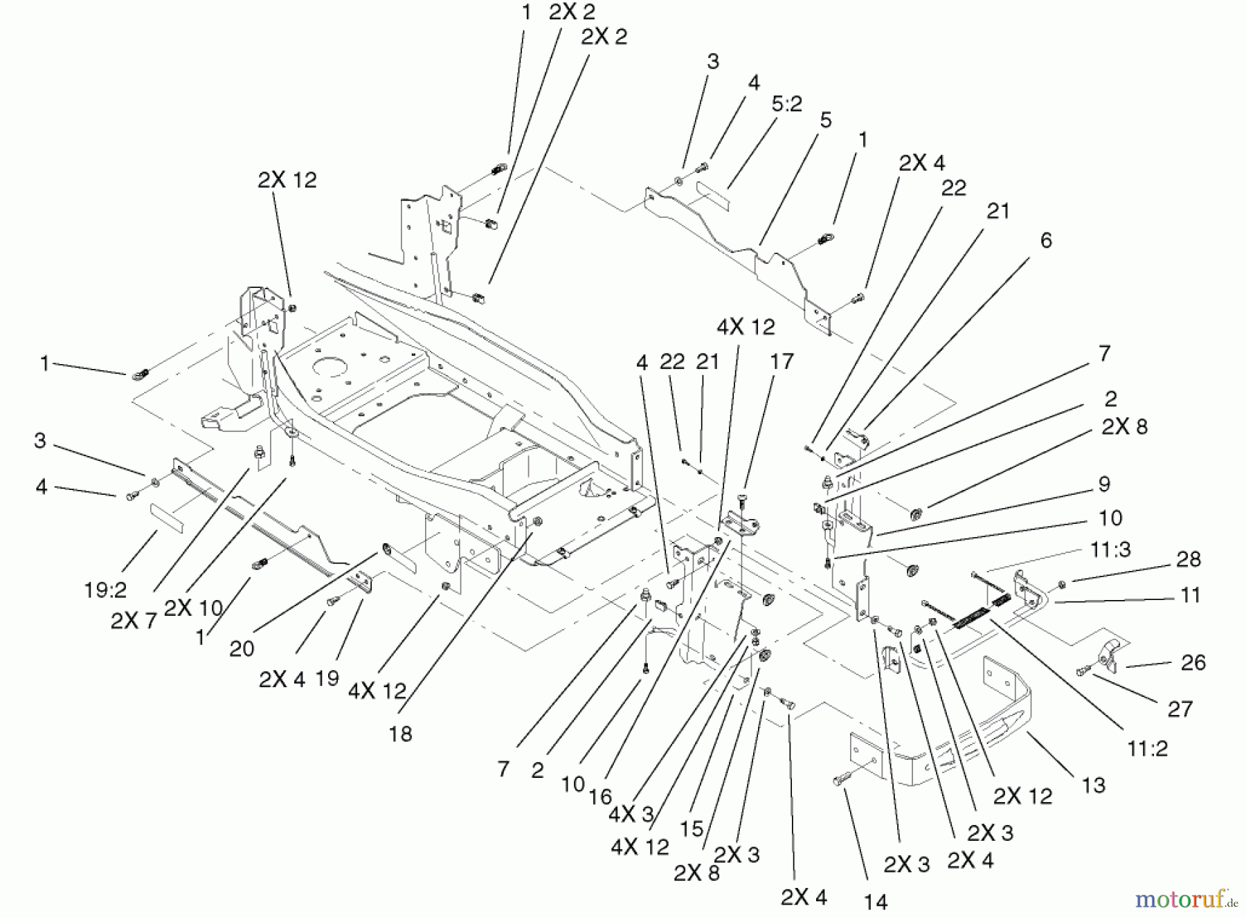 Toro Neu Mowers, Lawn & Garden Tractor Seite 1 73570 (520xi) - Toro 520xi Garden Tractor, 2002 (220000001-220999999) BUMPER & HOOD SUPPORT