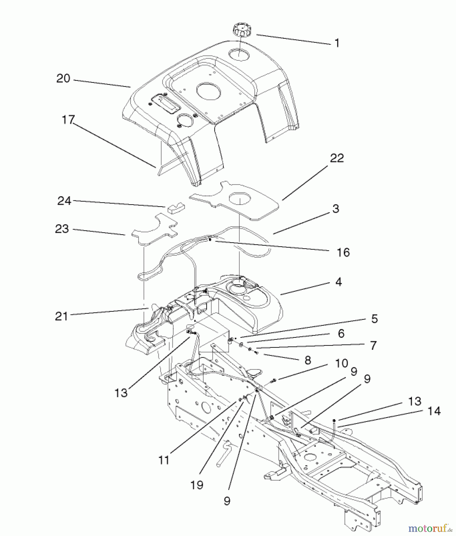 Toro Neu Mowers, Lawn & Garden Tractor Seite 1 73570 (520xi) - Toro 520xi Garden Tractor, 2002 (220000001-220999999) FENDER & FUEL SYSTEM ASSEMBLY