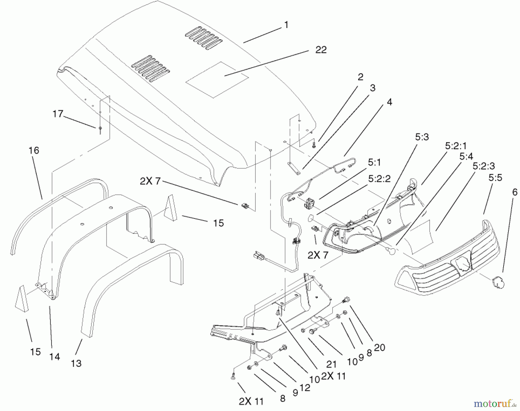 Toro Neu Mowers, Lawn & Garden Tractor Seite 1 73570 (520xi) - Toro 520xi Garden Tractor, 2002 (220000001-220999999) HOOD & HEADLIGHT ASSEMBLY