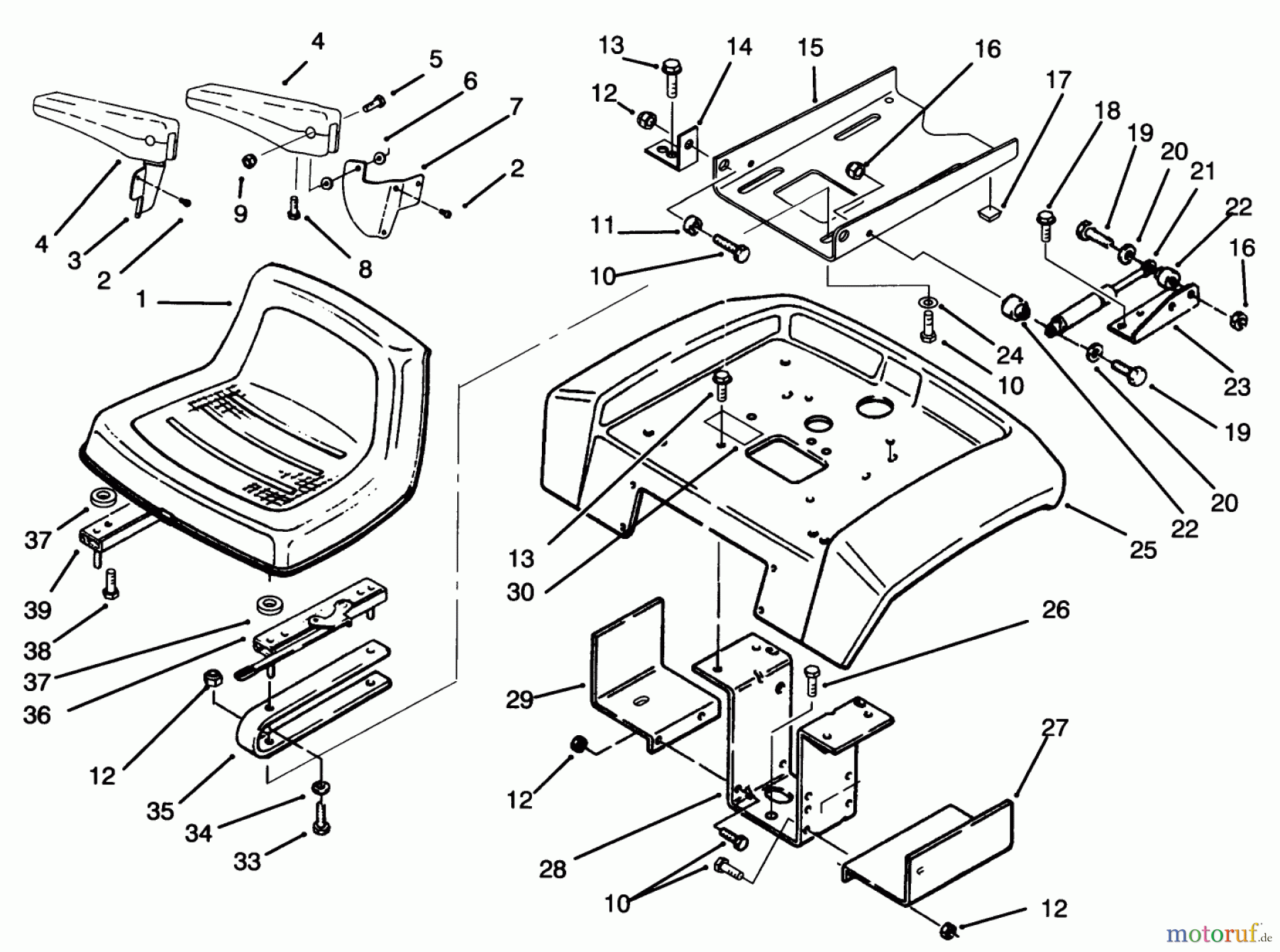 Toro Neu Mowers, Lawn & Garden Tractor Seite 1 73501 (520-H) - Toro 520-H Garden Tractor, 1994 (49000001-49999999) SEAT, FENDER AND FENDER SUPPORTS