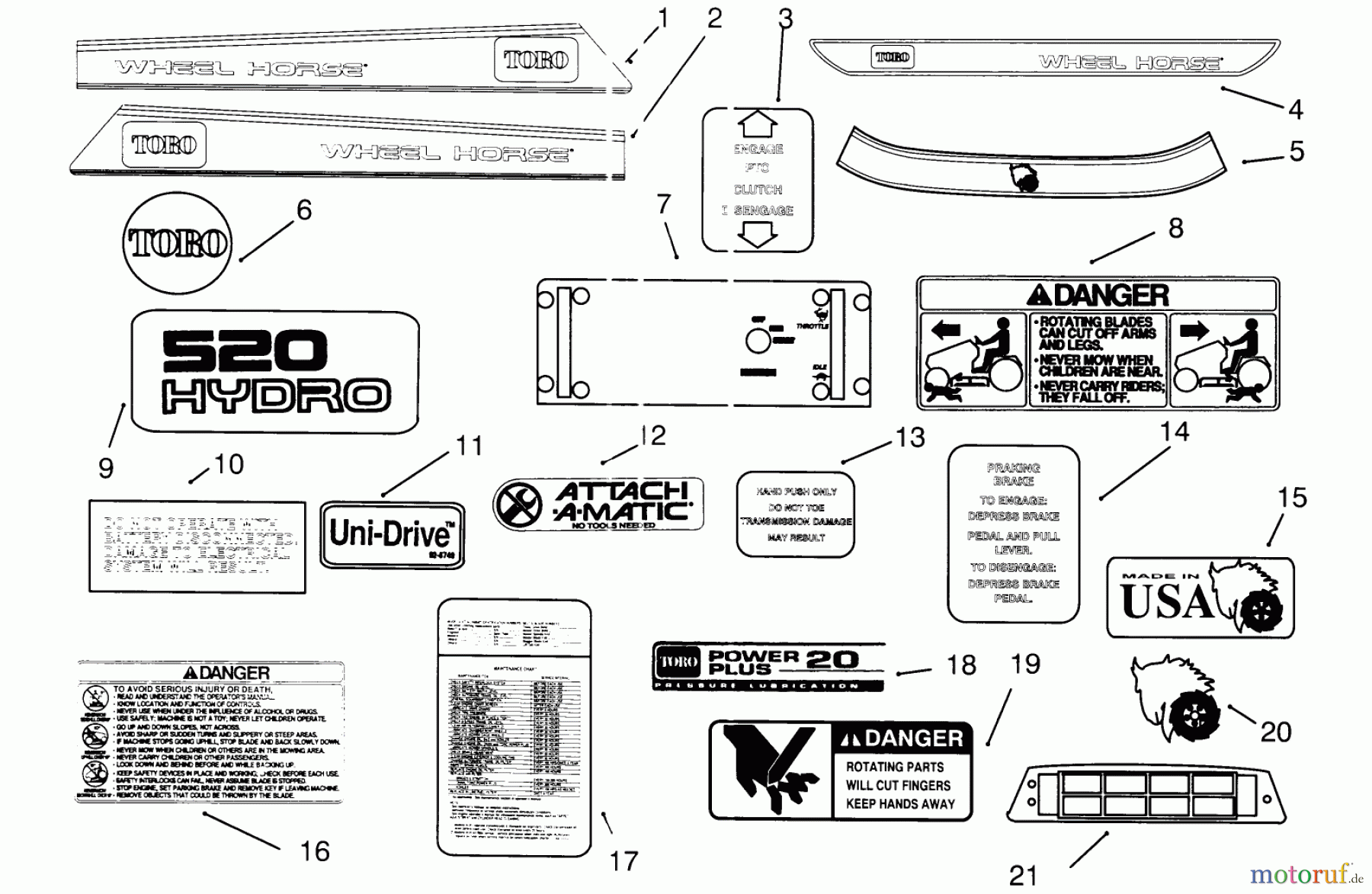  Toro Neu Mowers, Lawn & Garden Tractor Seite 1 73501 (520-H) - Toro 520-H Garden Tractor, 1995 (59000412-59002868) DECALS