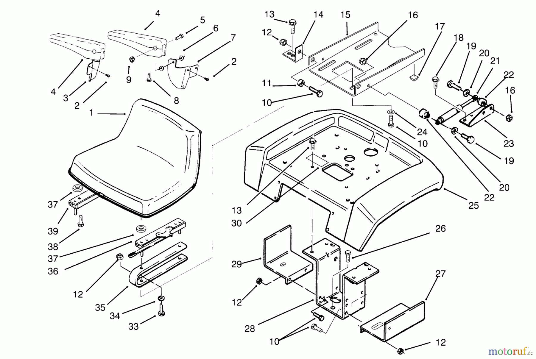 Toro Neu Mowers, Lawn & Garden Tractor Seite 1 73501 (520-H) - Toro 520-H Garden Tractor, 1995 (59000412-59002868) SEAT, FENDER AND FENDER SUPPORTS